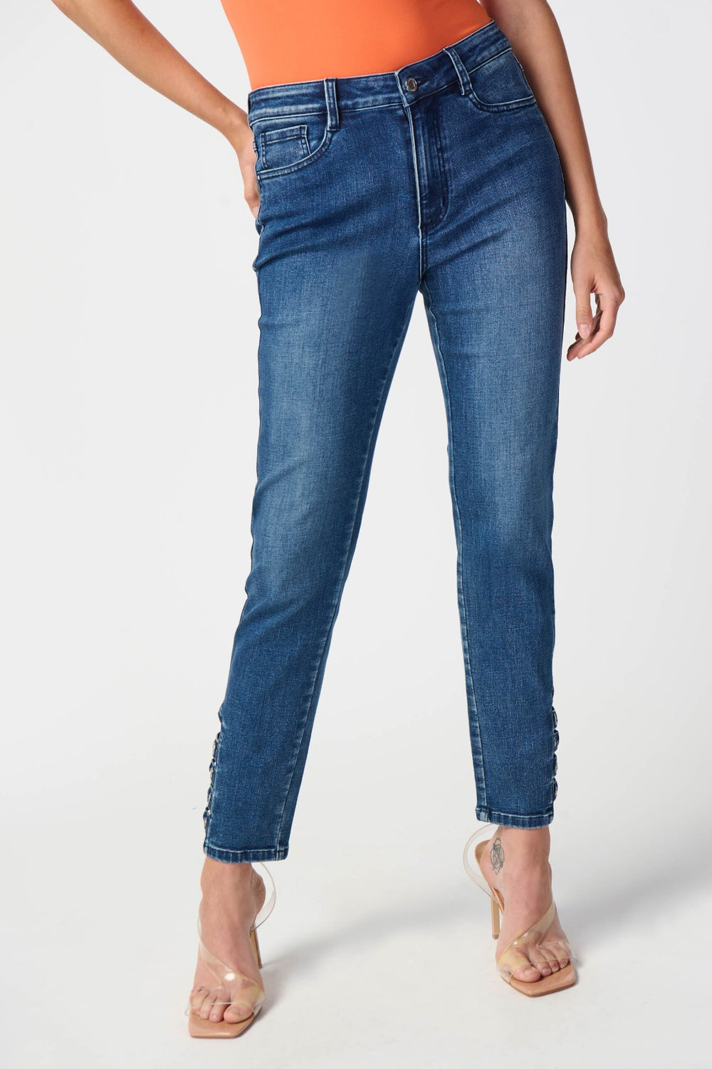 Joseph Ribkoff Medium Blue Classic Slim Jeans with Embellished Hem Style 241900