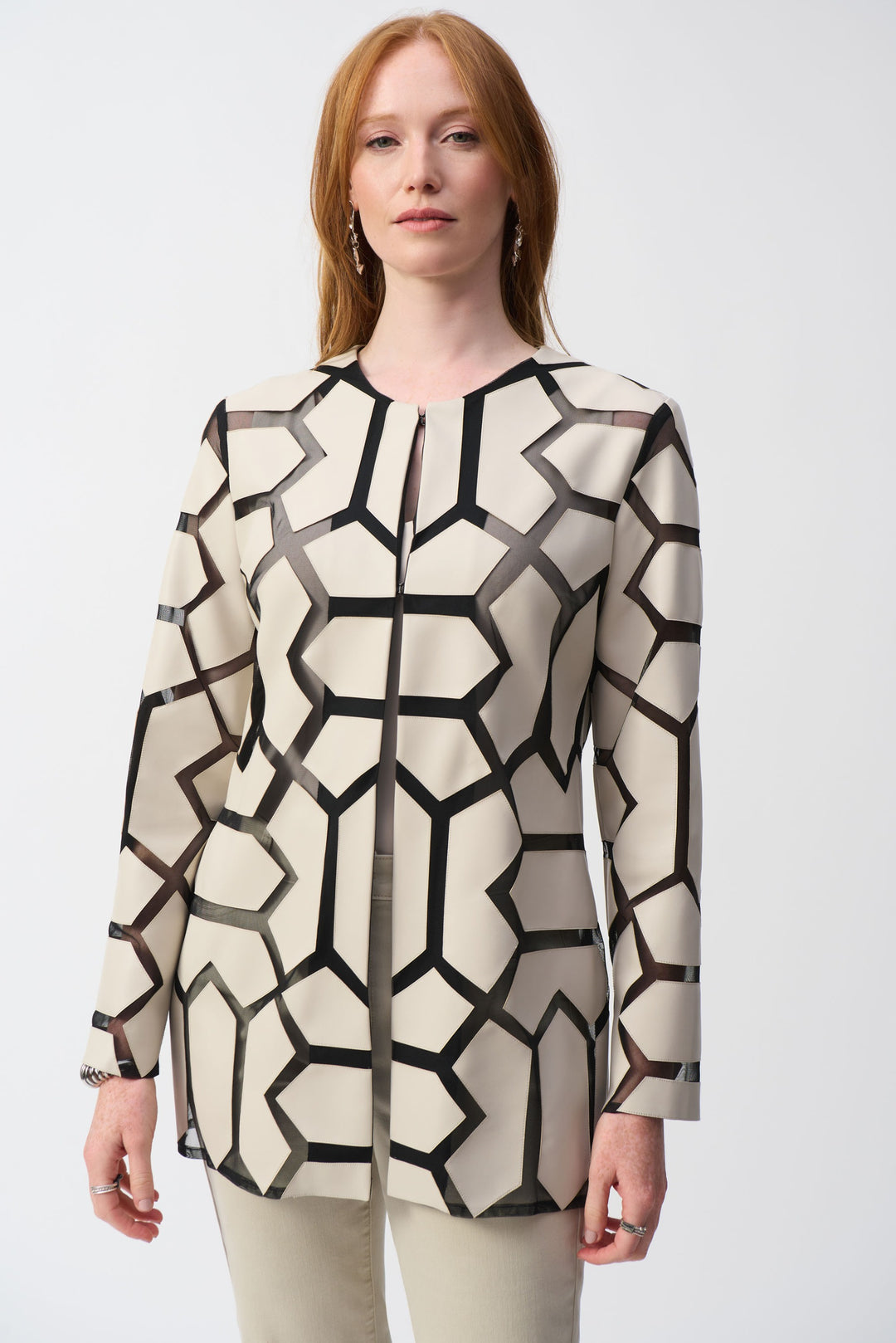 Joseph Ribkoff Moonstone/Black Laser-Cut Leatherette on Mesh Jacket Style 241905