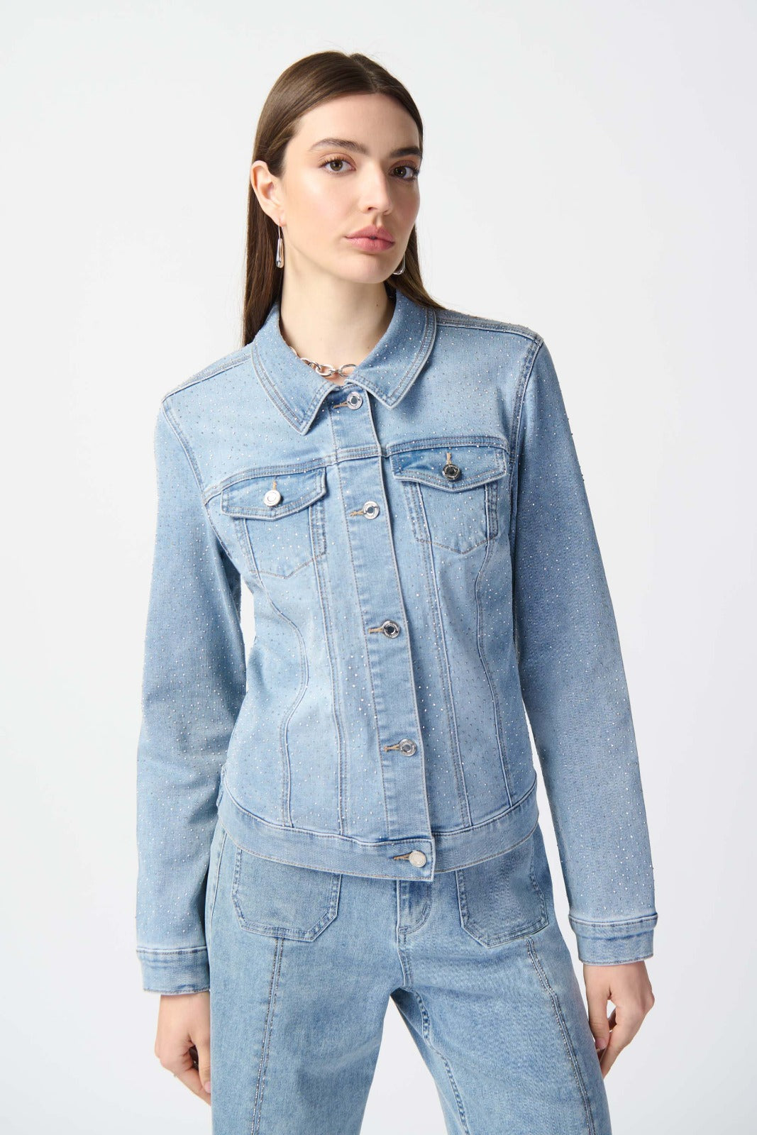 Joseph Ribkoff Light Blue Fitted Denim Jacket with Rhinestones Style 241914