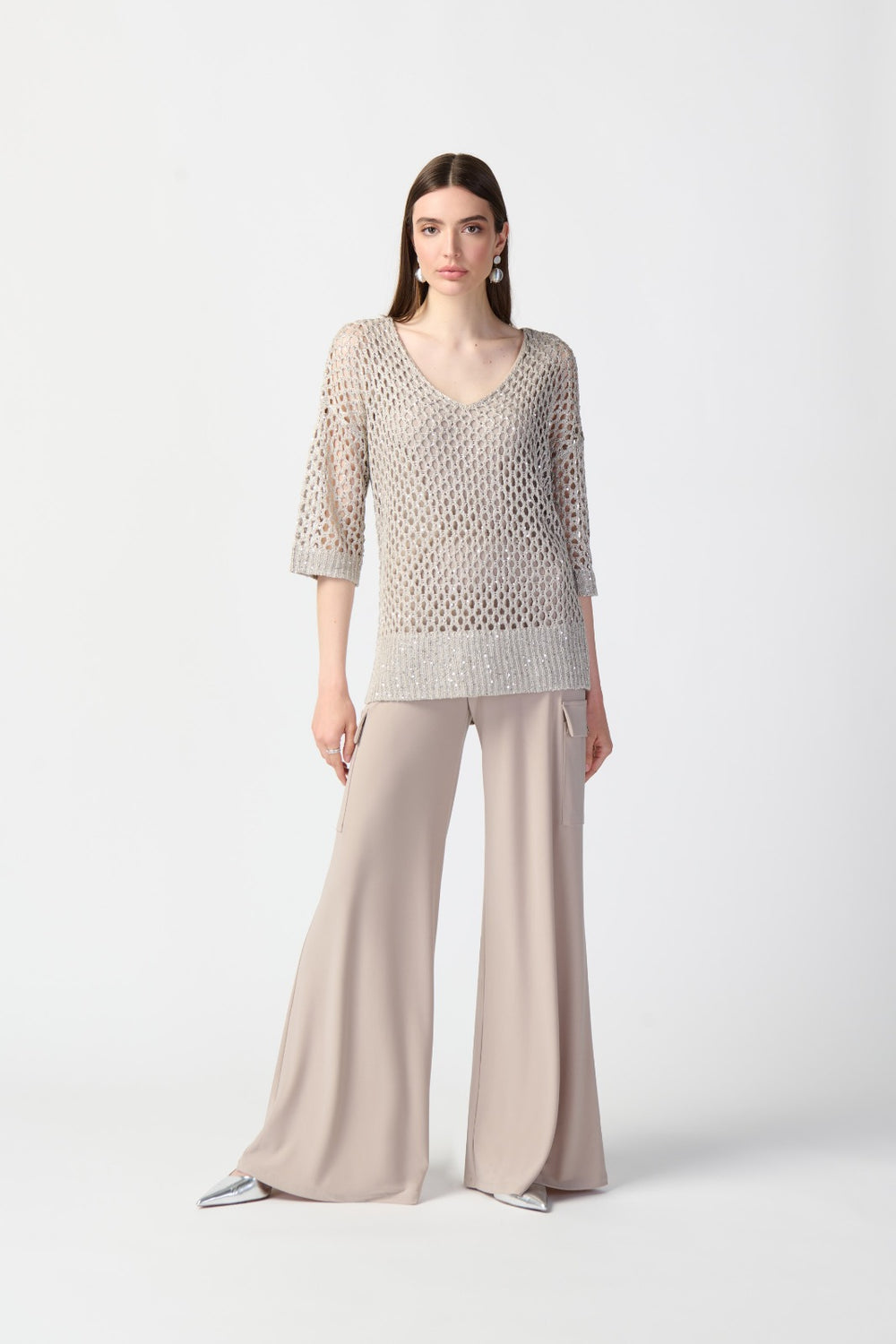 Joseph Ribkoff Champagne Open Stitch Sweater with Sequins Style 241922