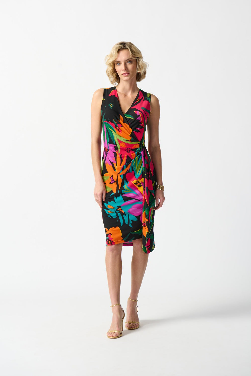 Joseph Ribkoff Black/Multi Tropical Print Wrap Dress Style 242012