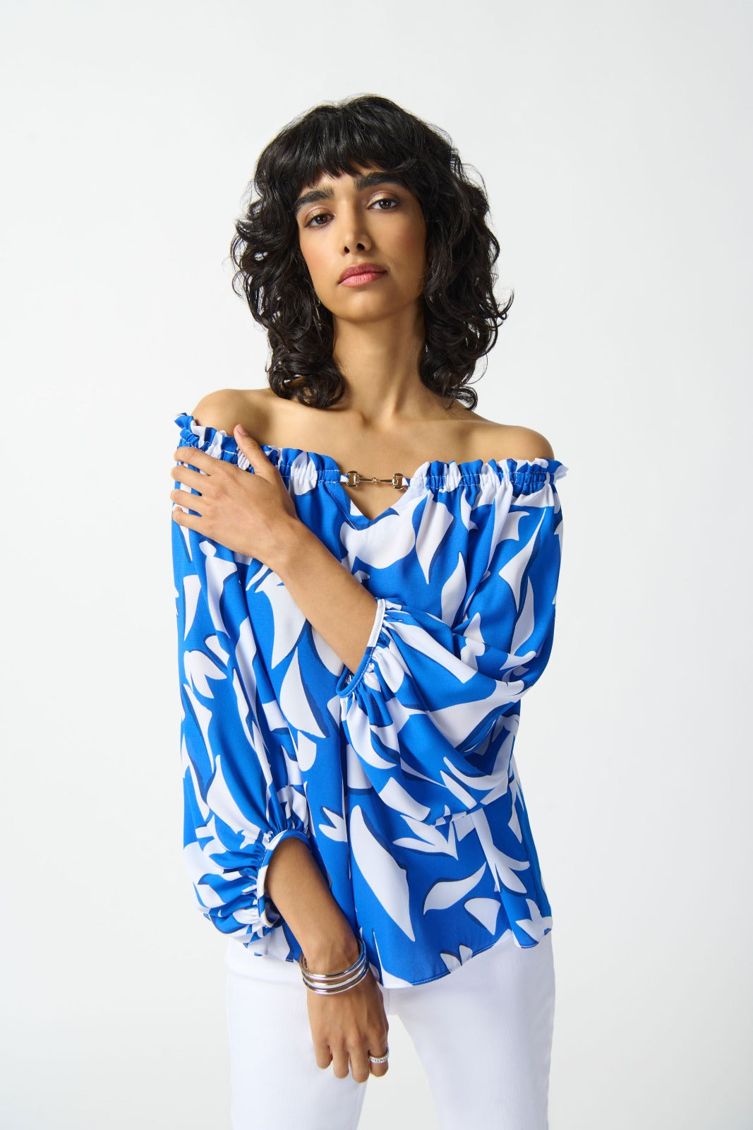 Joseph Ribkoff Blue/Vanilla Abstract Print Off-the-Shoulder Top Style 242028