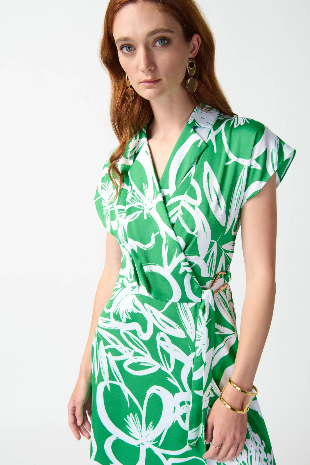Joseph Ribkoff Green/Vanilla Floral Print Flowy Wrap Dress Style 242030 Joseph Ribkoff Green/Vanilla Floral Print Flowy Wrap Dress Style 242030