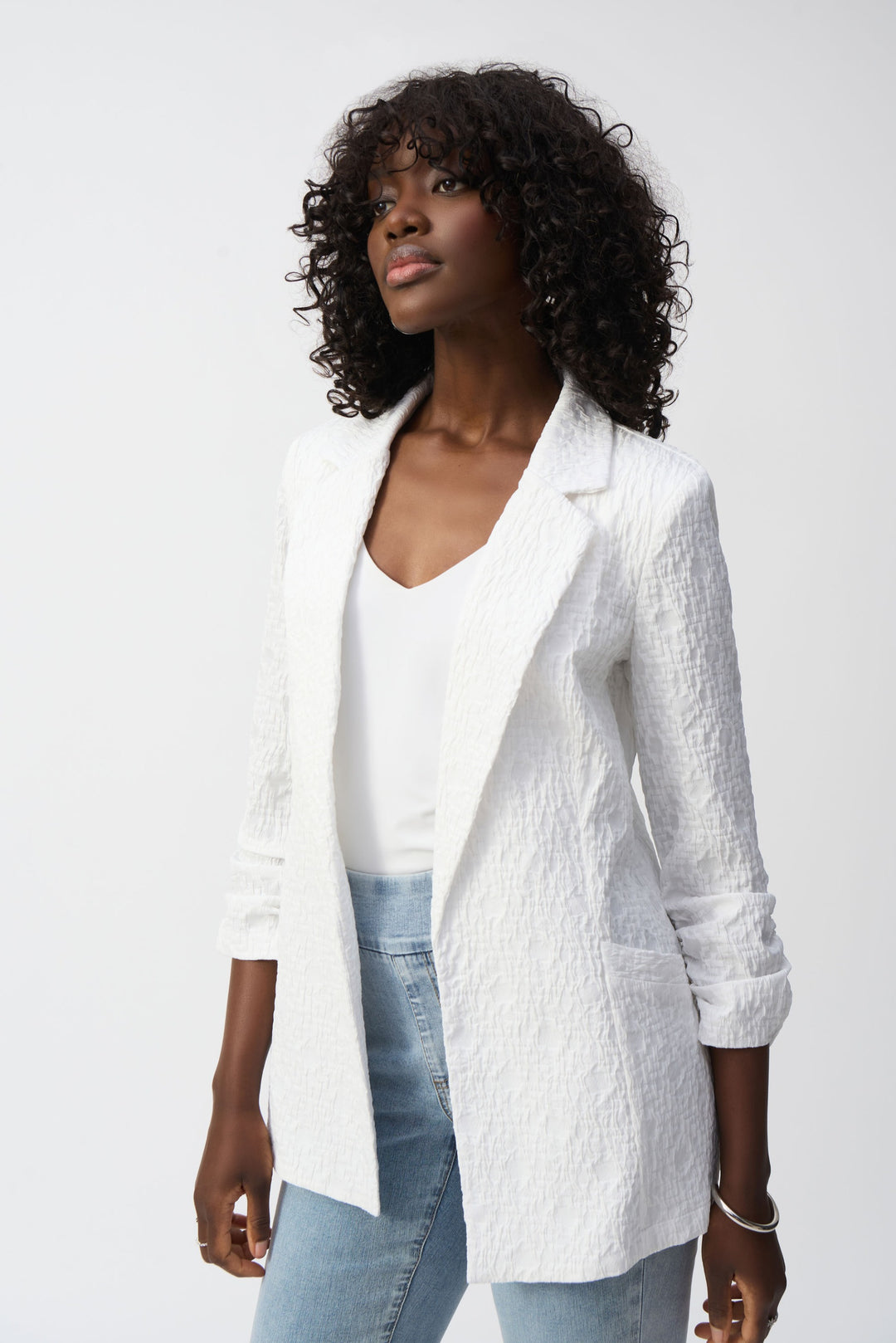 Joseph Ribkoff White Woven Jacquard Boxy Blazer Style 242034.