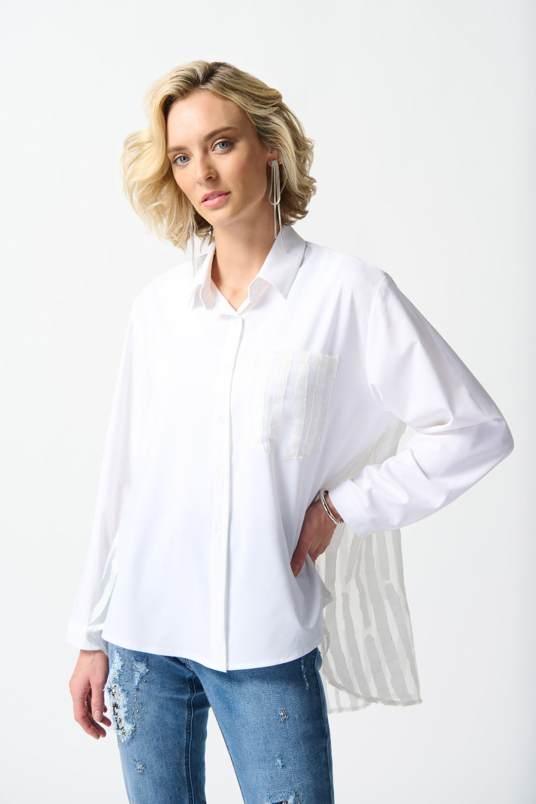 Joseph Ribkoff White Jacquard Organza Blouse Style 242091