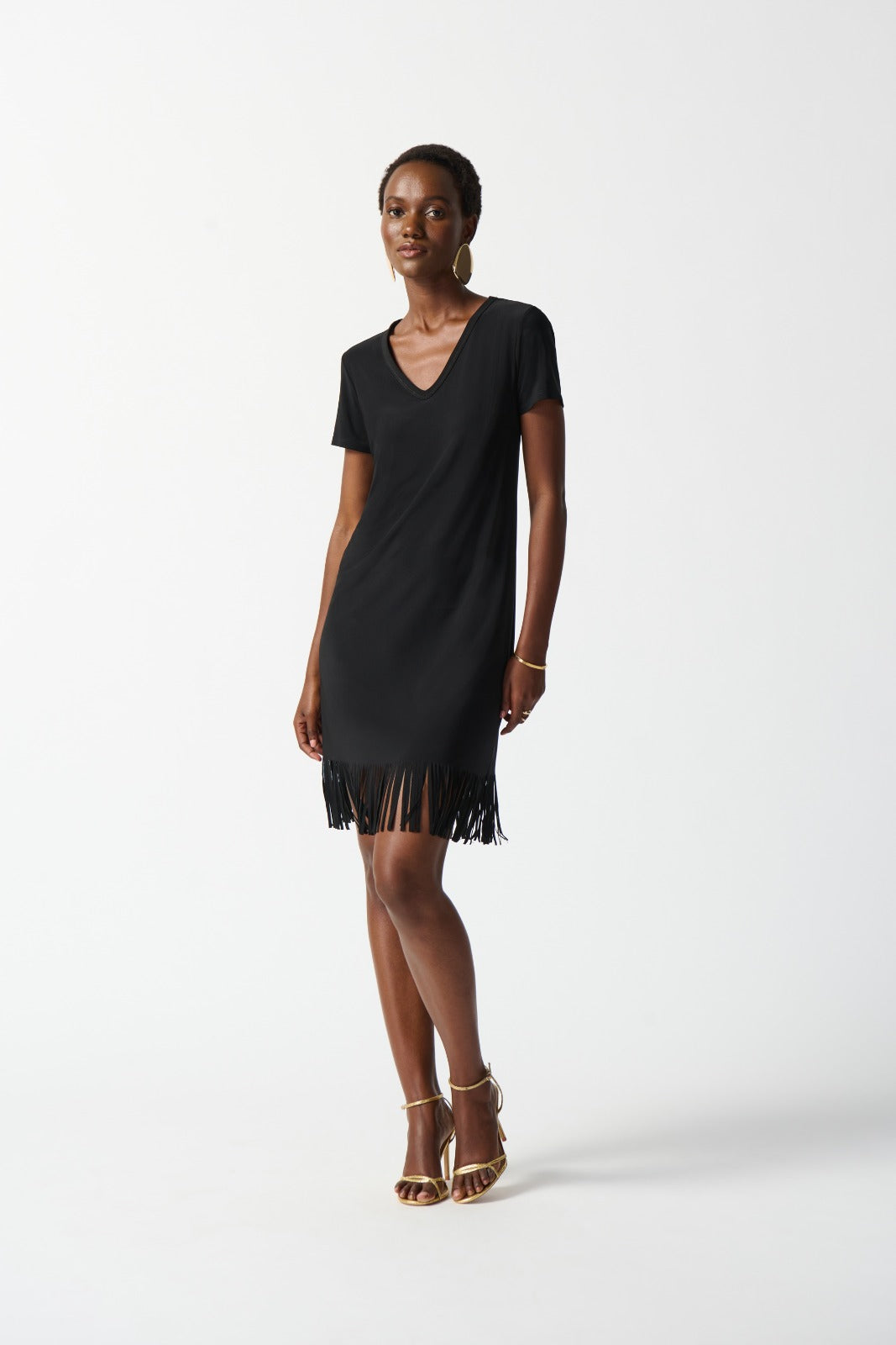 Joseph Ribkoff Black Straight Dress with Fringes Style 242113