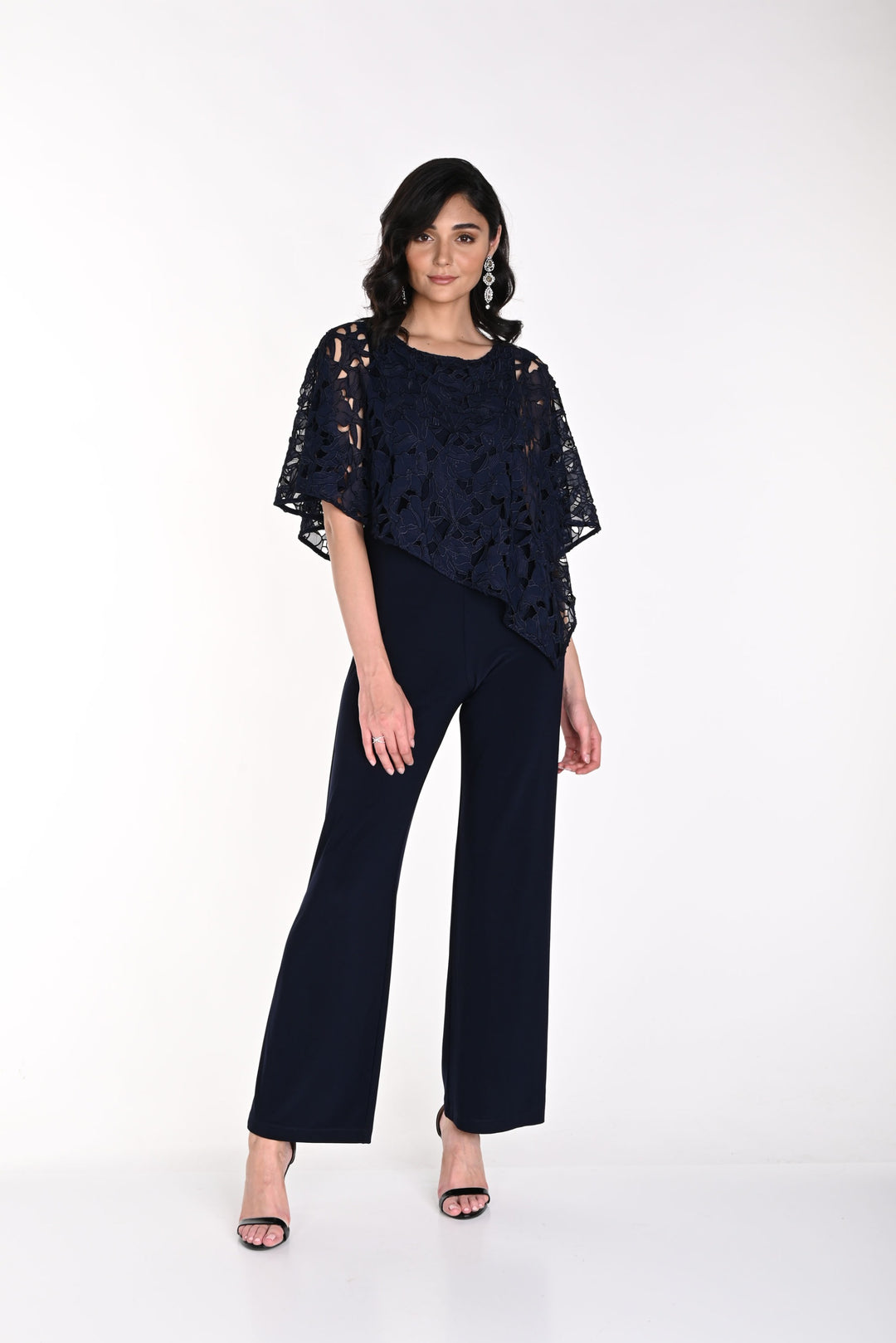 Frank Lyman Midnight Blue Jumpsuit with Floral Laced Overlay Style 242134