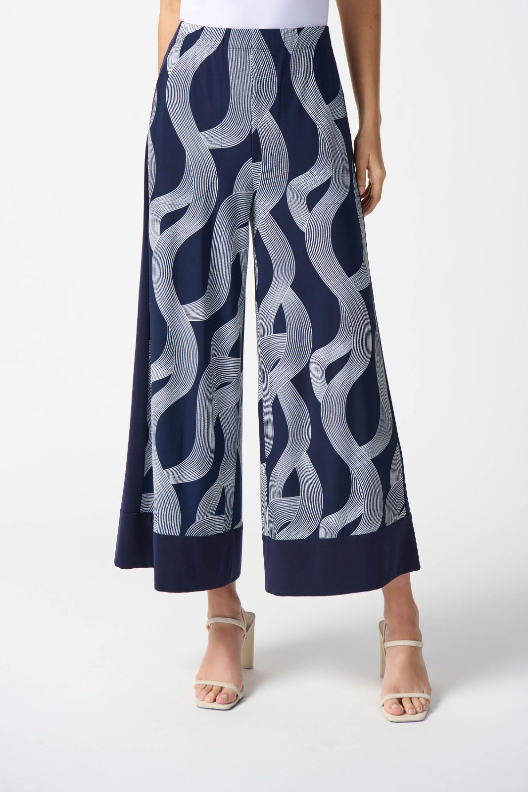 Joseph Ribkoff Midnight Blue/Vanilla Abstract Print Wide-Leg Pants Style 242144