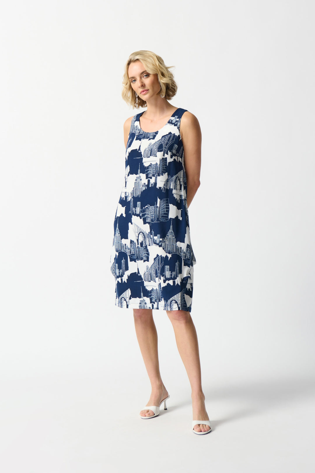 Joseph Ribkoff Vanilla/Midnight Blue Scenery-Print Cocoon Dress Style 242157