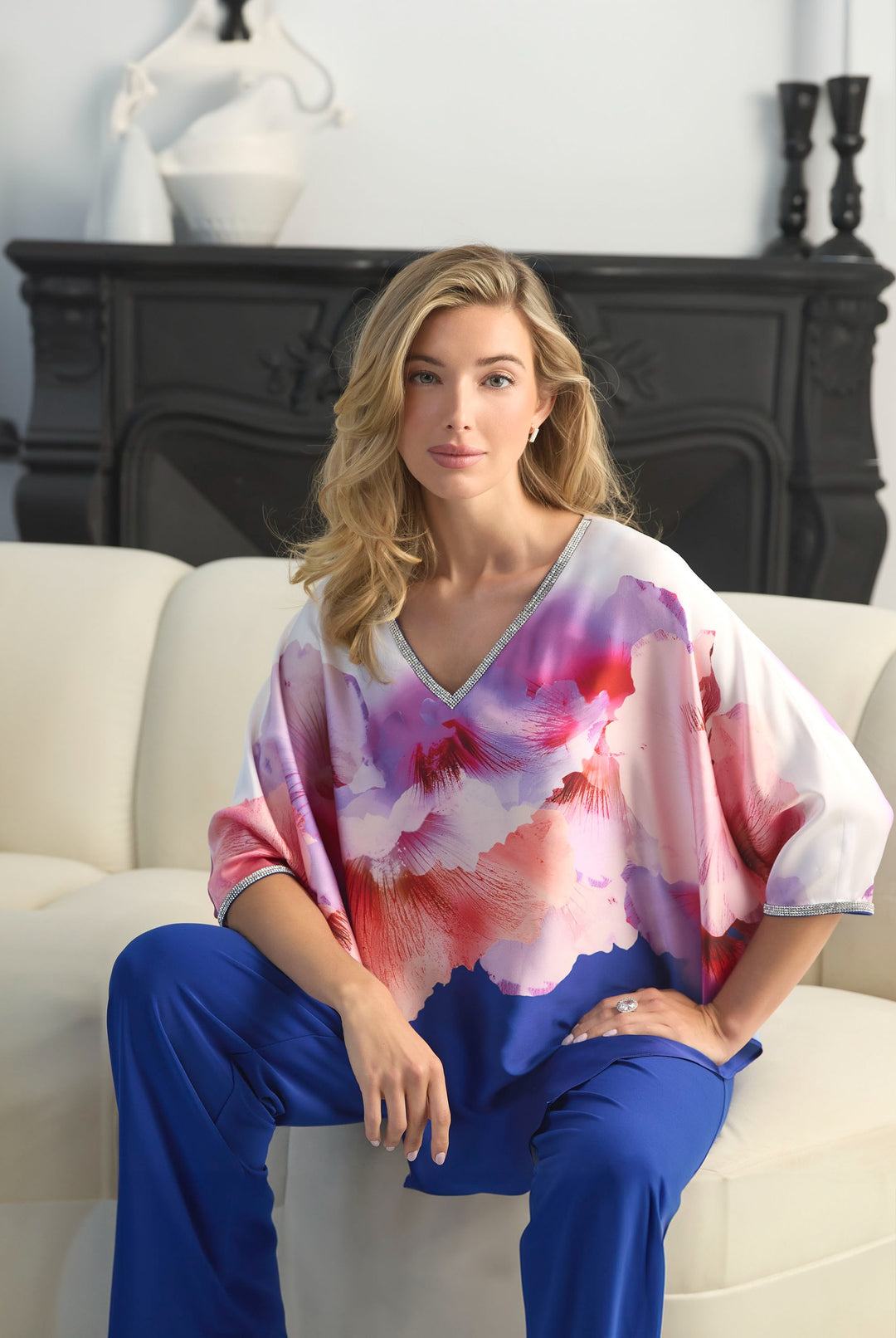 Frank Lyman Navy/Orchid Floral Print Top Style 242162