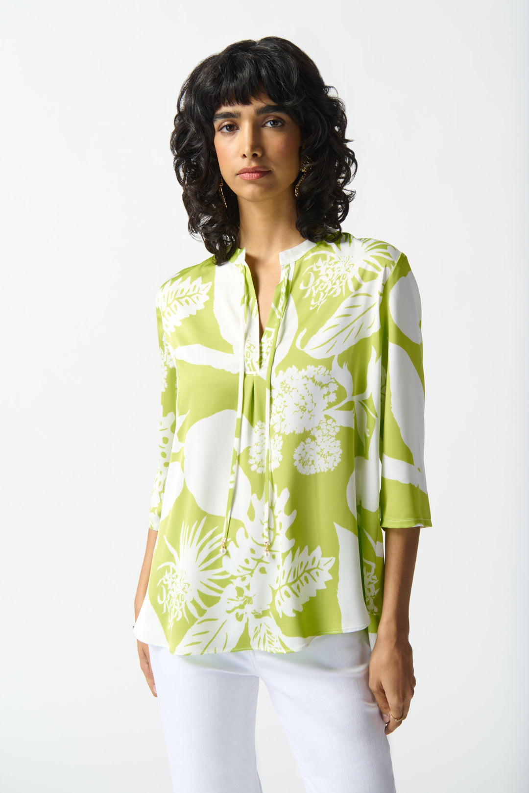 Joseph Ribkoff Key Lime/Vanilla Tropical Print Top Style 242184