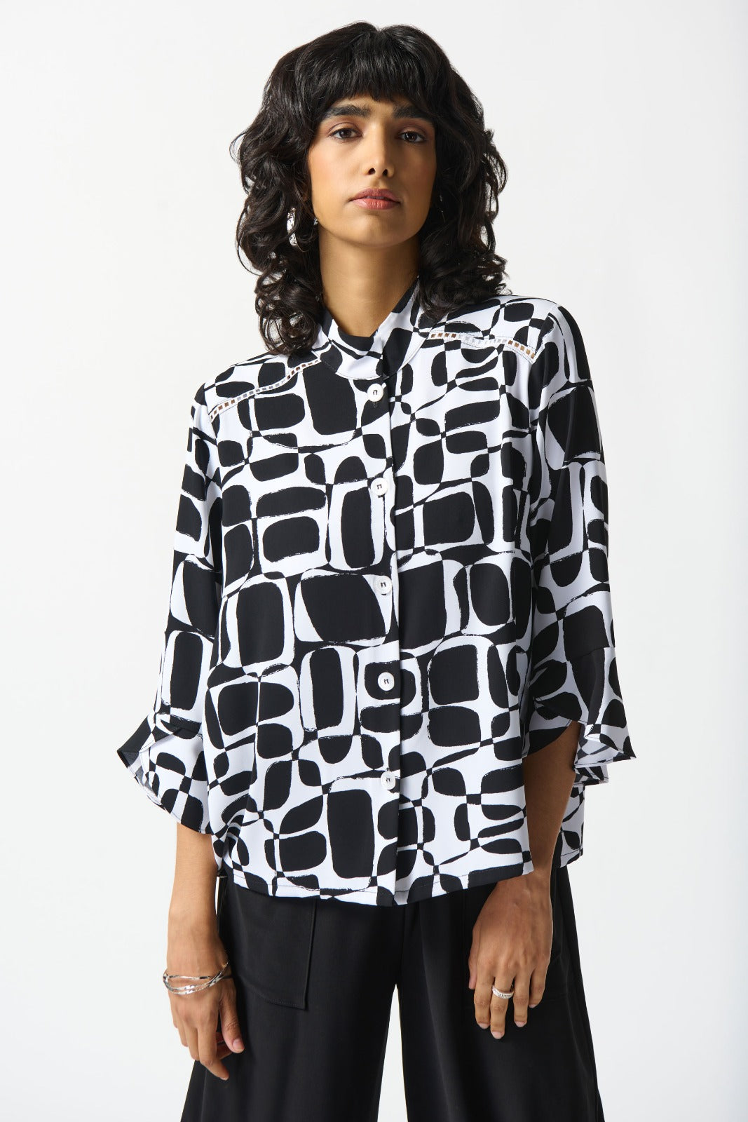 Joseph Ribkoff Vanilla/Black Geometric Print Trapeze Blouse Style 242213