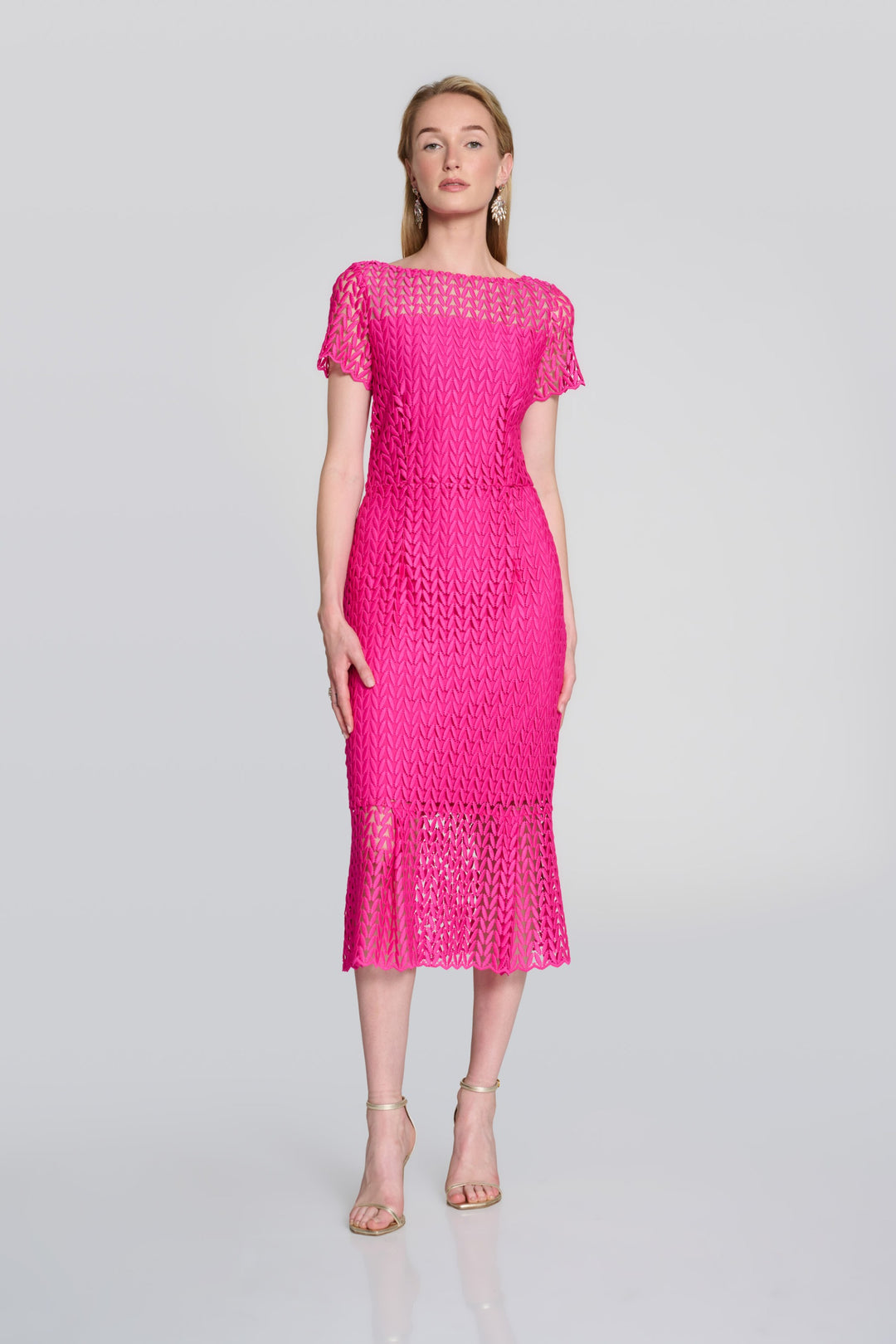 Joseph Ribkoff Shocking Pink Guipure Lace Flounce Dress Style 242704