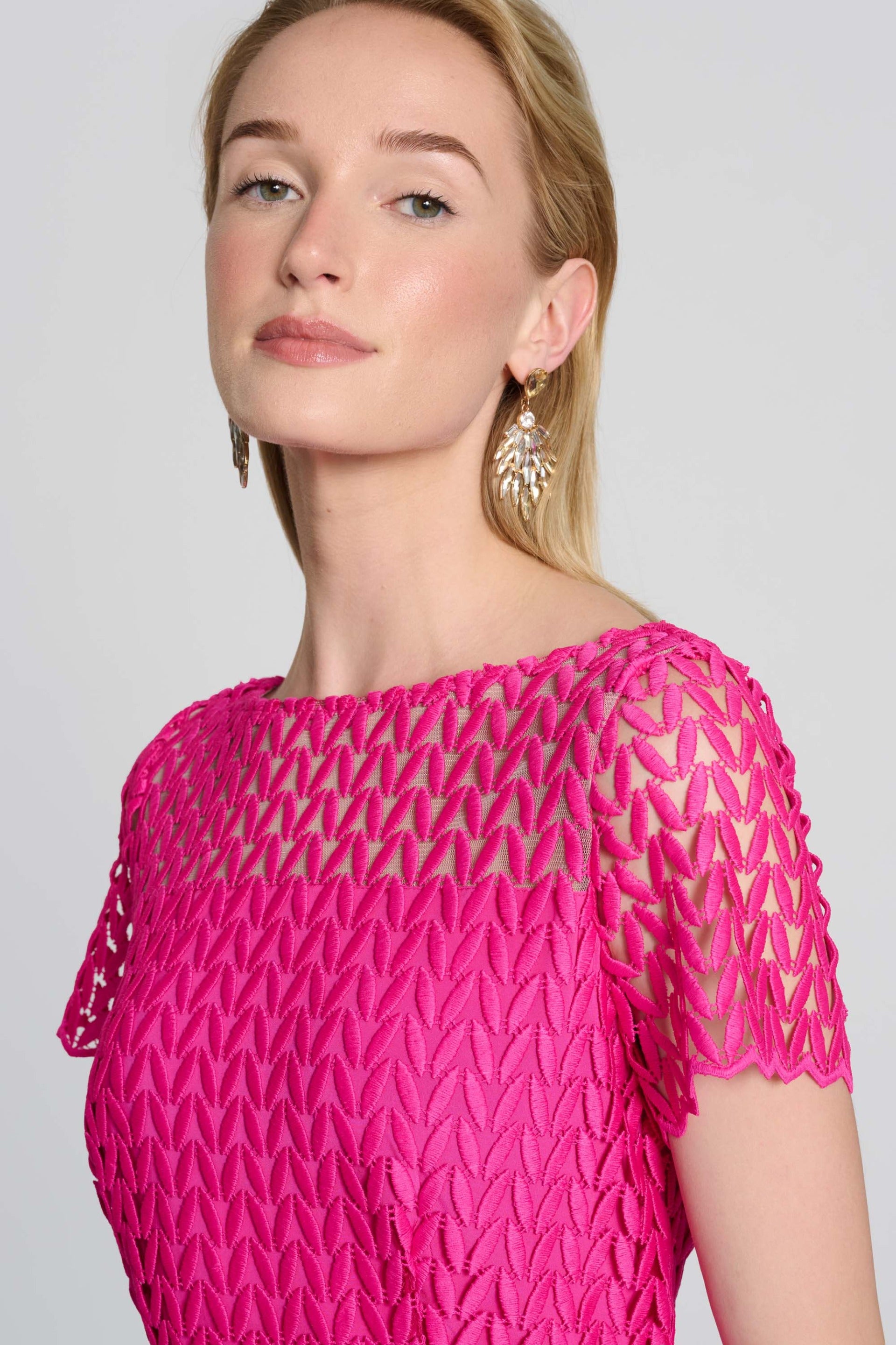 Joseph Ribkoff Shocking Pink Guipure Lace Flounce Dress Style 242704 DECABANA Joseph Ribkoff Shocking Pink Guipure Lace Flounce Dress Style 242704 DECABANA