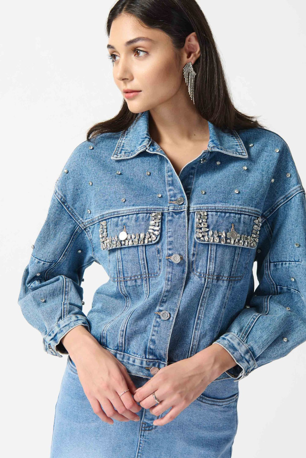 Joseph Ribkoff Denim Medium Blue Embellished Boxy Jacket Style 242917