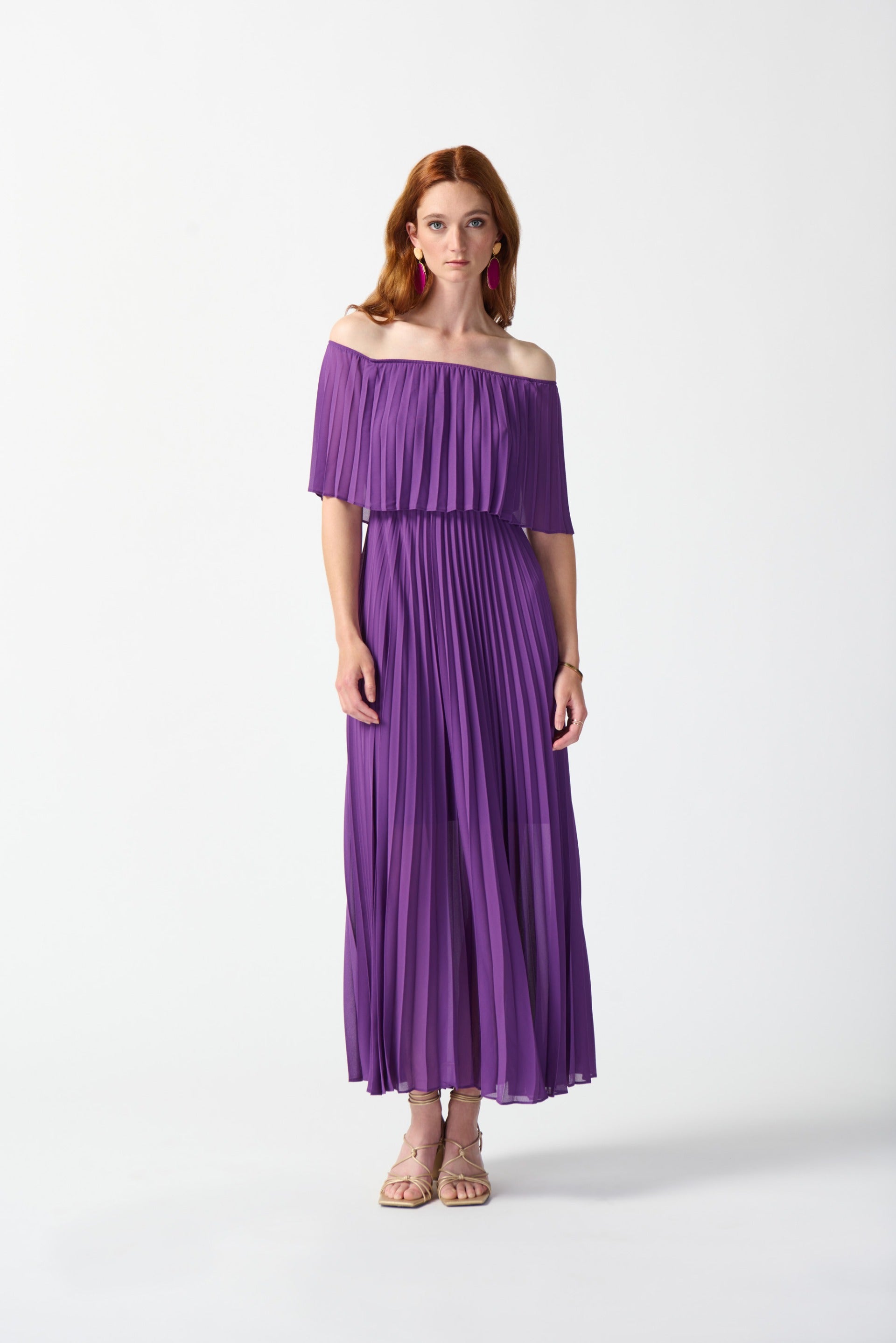 Joseph Ribkoff Majesty Off-The-Shoulder Pleated Dress Style 242926 – DECABANA Joseph Ribkoff Majesty Off-The-Shoulder Pleated Dress Style 242926 – DECABANA