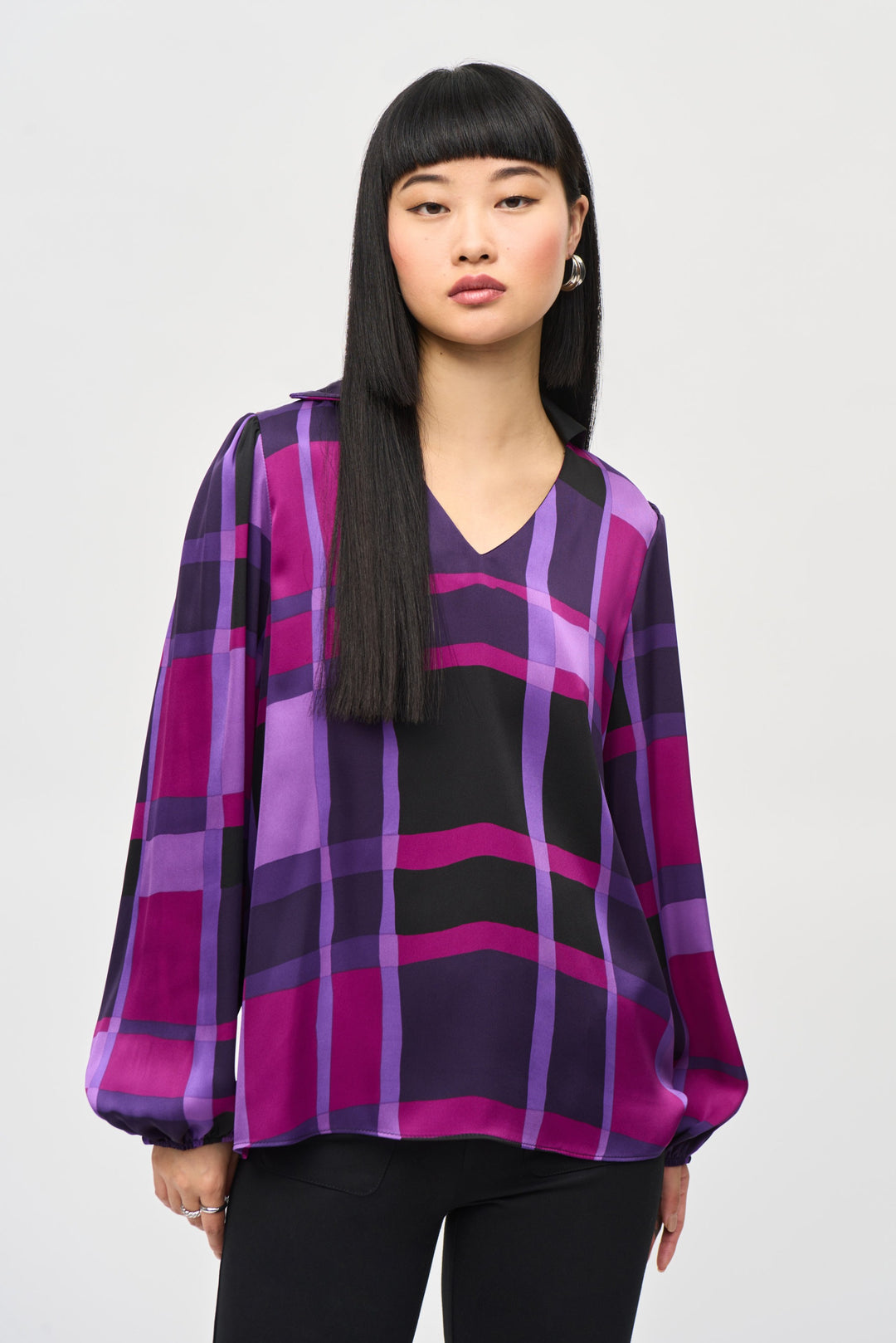 Joseph Ribkoff Purple/Black Abstract Plaid Print Top Style 243058