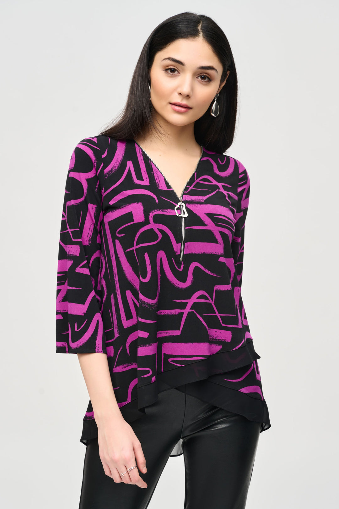 Joseph Ribkoff Black/Empress Abstract Print Flared Top Style 243059