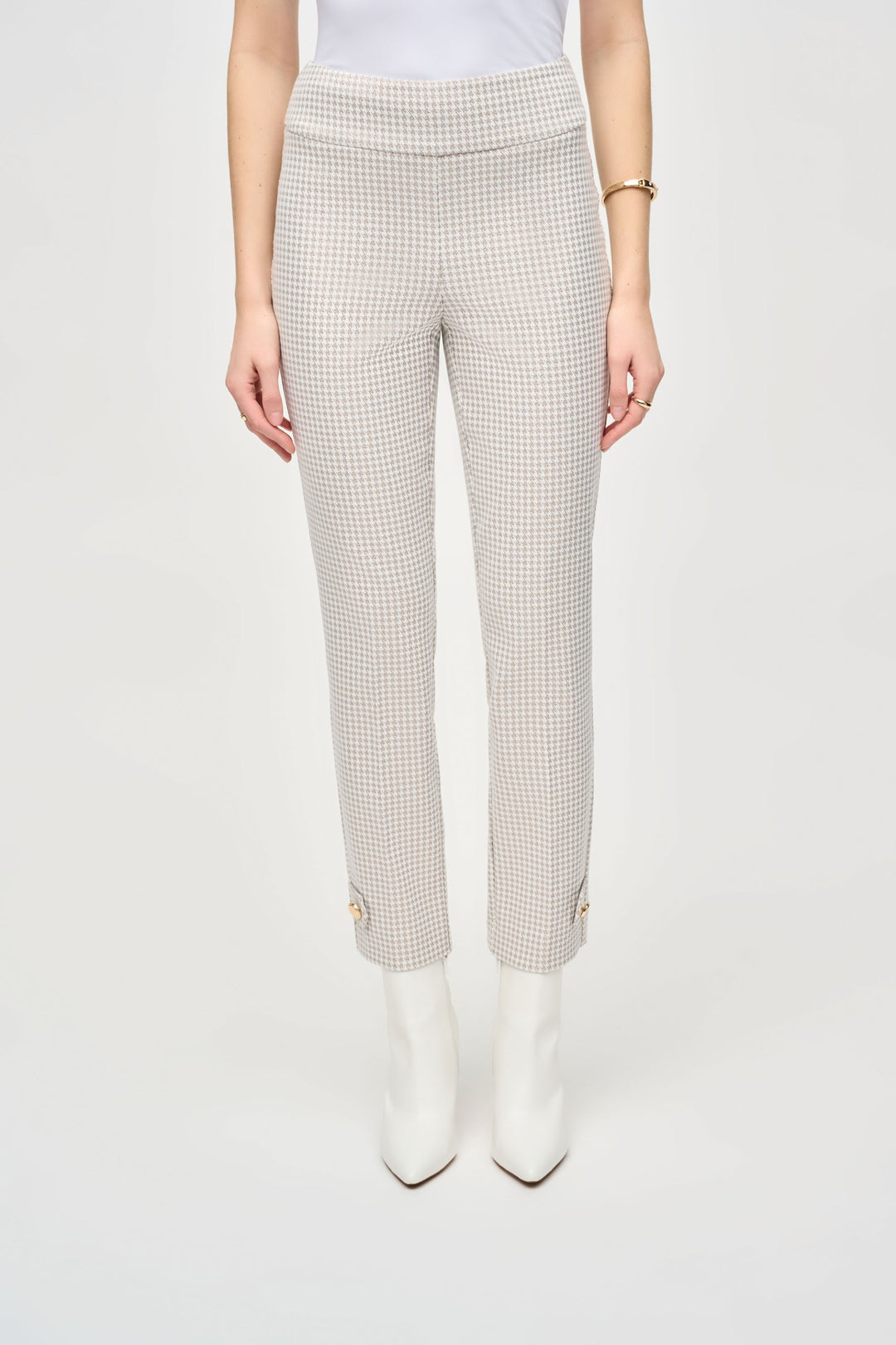 Joseph Ribkoff Beige/Off-White Houndstooth Jacquard Slim Fit Pants Style 243180