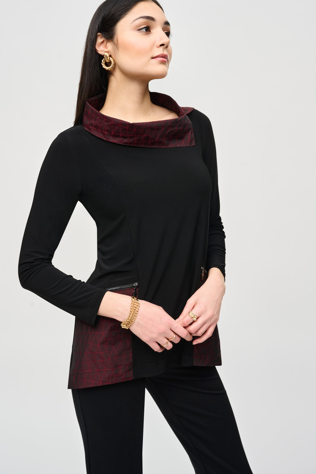 Joseph Ribkoff Black/Red Cowl Neck Tunic Style 243195