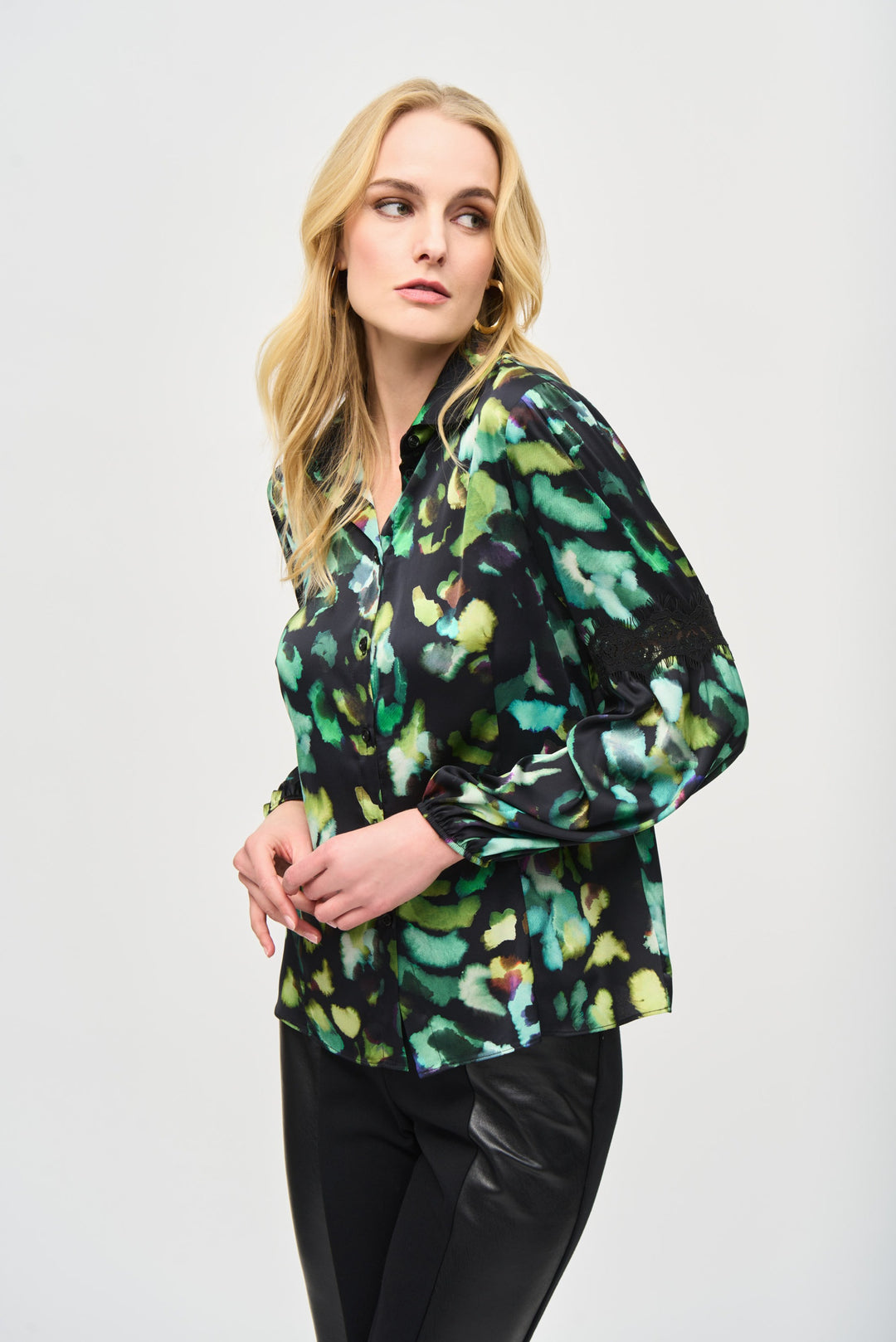 Joseph Ribkoff Black/Multi Abstract Print Button-Down Blouse Style 243205