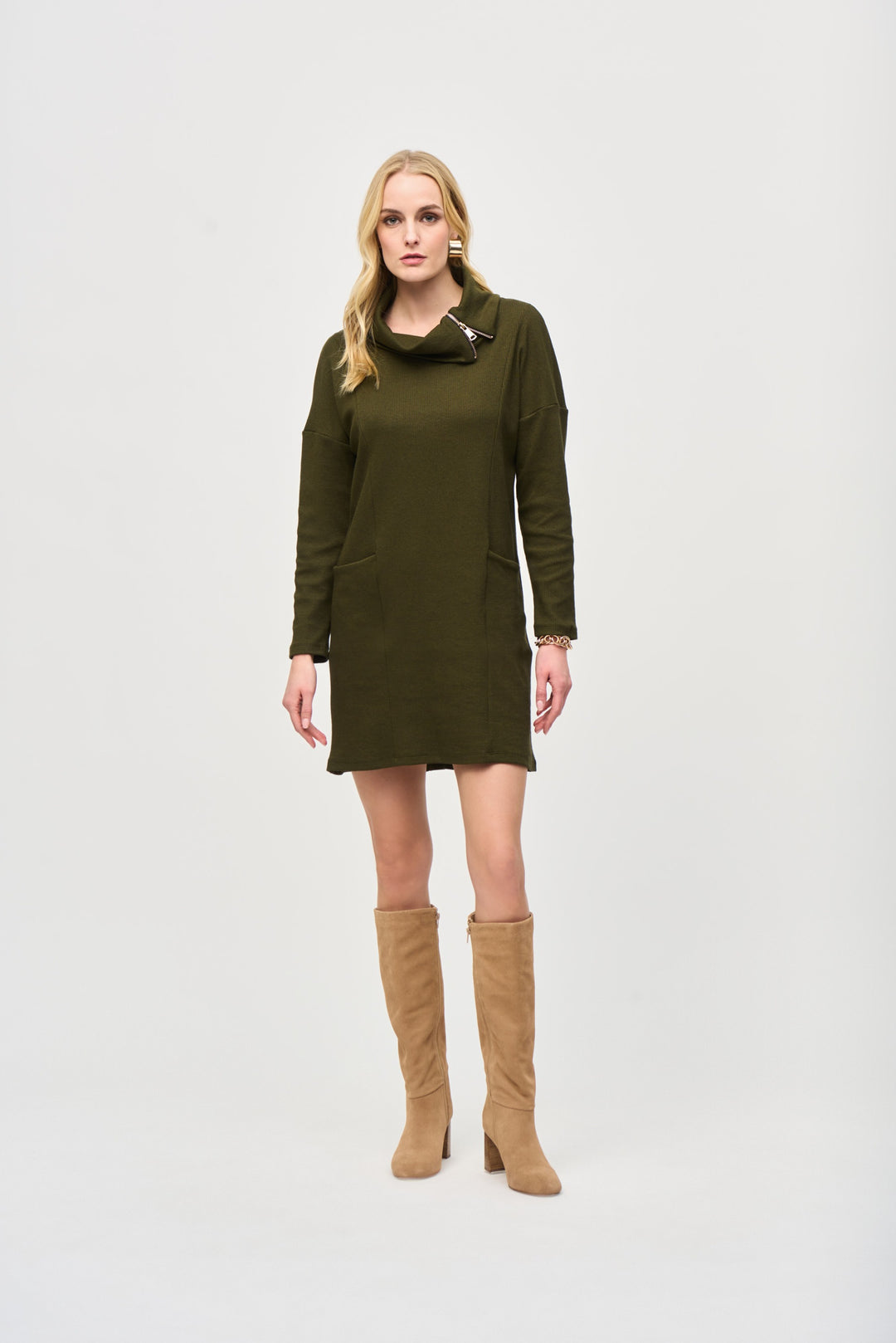 Joseph Ribkoff Olive/Black Zipper Collar Cocoon Dress Style 243207