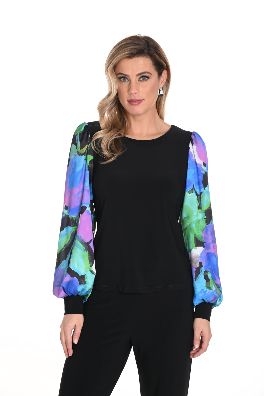 Frank Lyman Black/Blue Top with Abstract Print Puffy Sleeves Style 243239