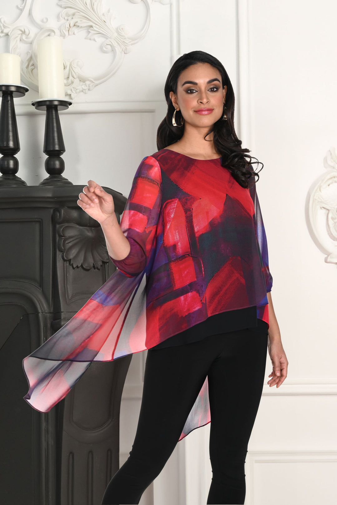 Frank Lyman Black/Red Abstract Print Chiffon Top Style 243246