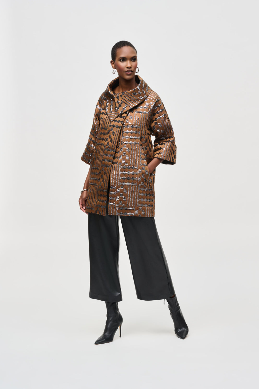 Joseph Ribkoff Brown/Gunmetal Geometric Print Cocoon Coat Style 243280