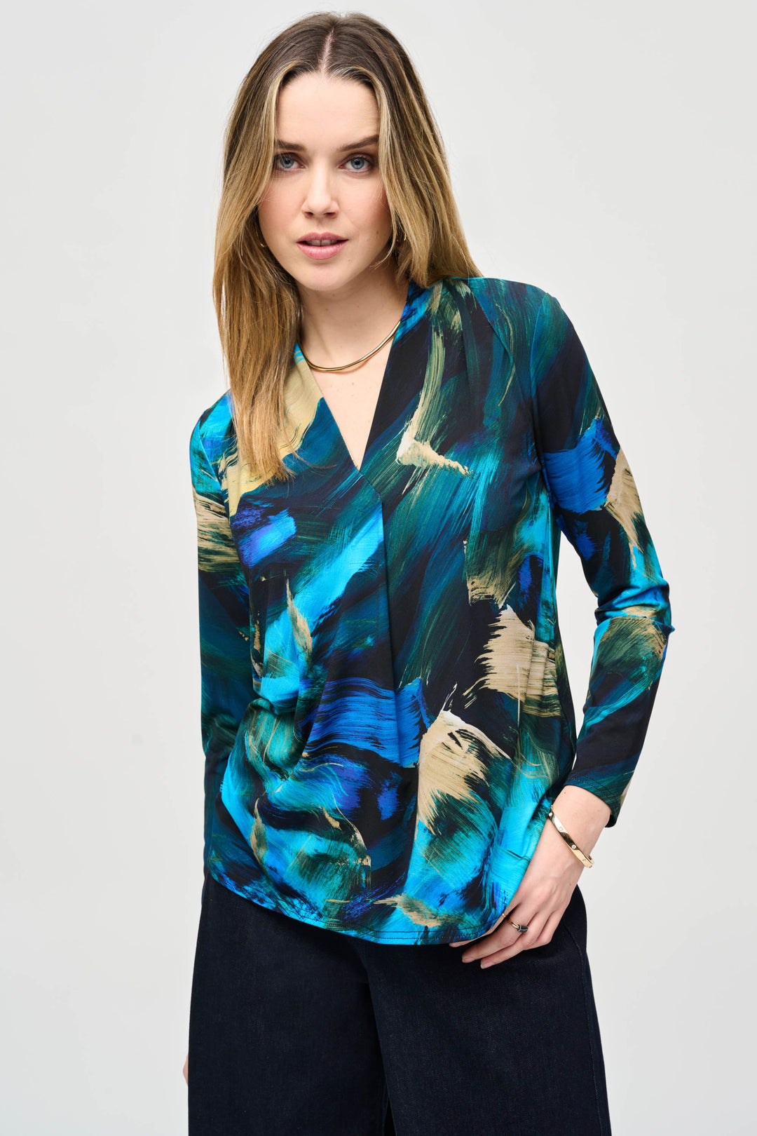 Joseph Ribkoff Black/Multi Mesh Abstract Print Top Style 243293