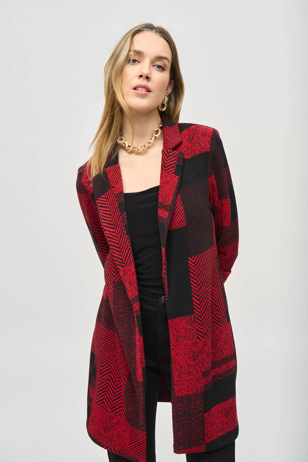 Joseph Ribkoff Black/Red Patchwork Print Long Blazer Style 243309