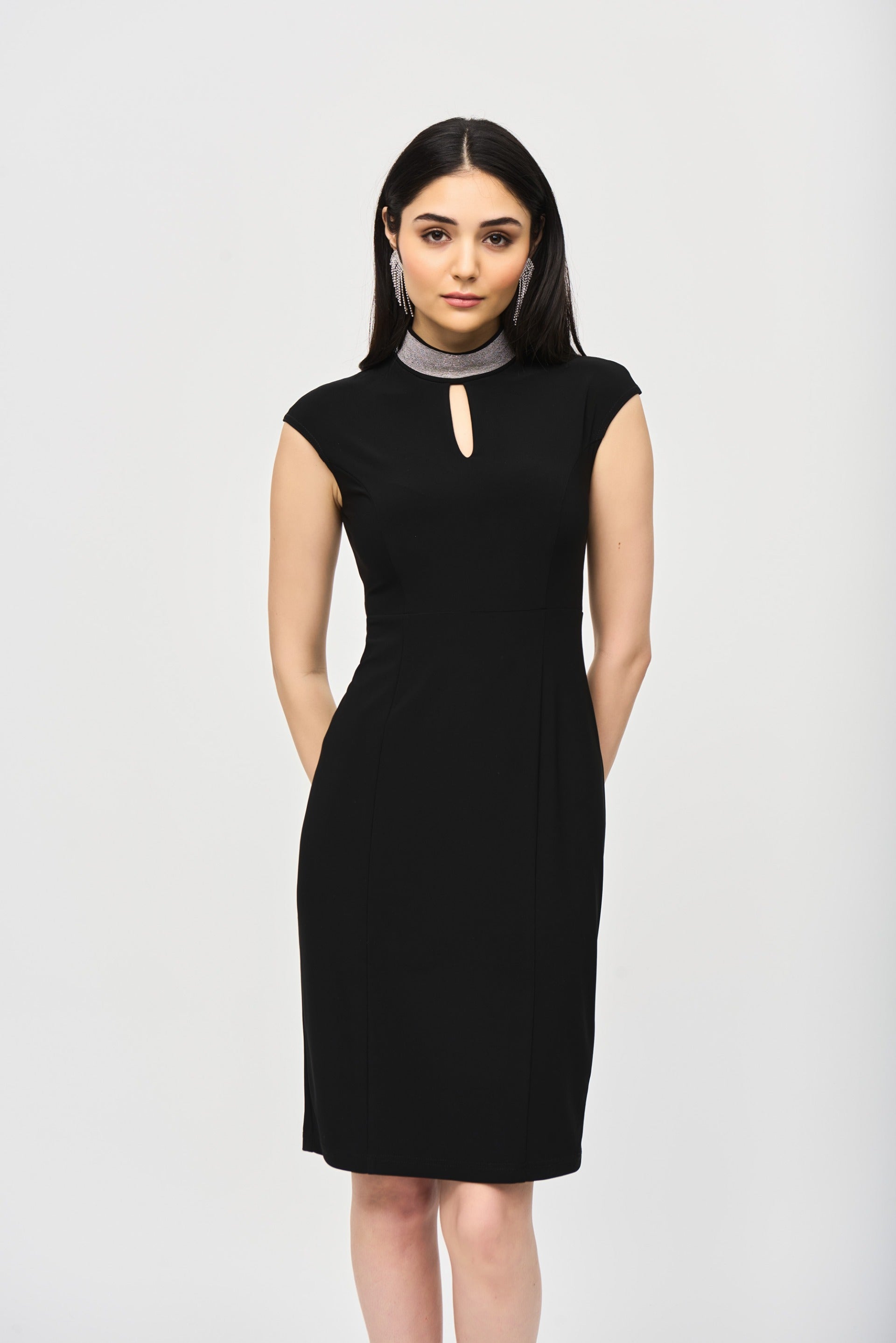 Joseph Ribkoff Black Embellished Collar Fitted Dress Style 243313 DECABANA Joseph Ribkoff Black Embellished Collar Fitted Dress Style 243313 DECABANA