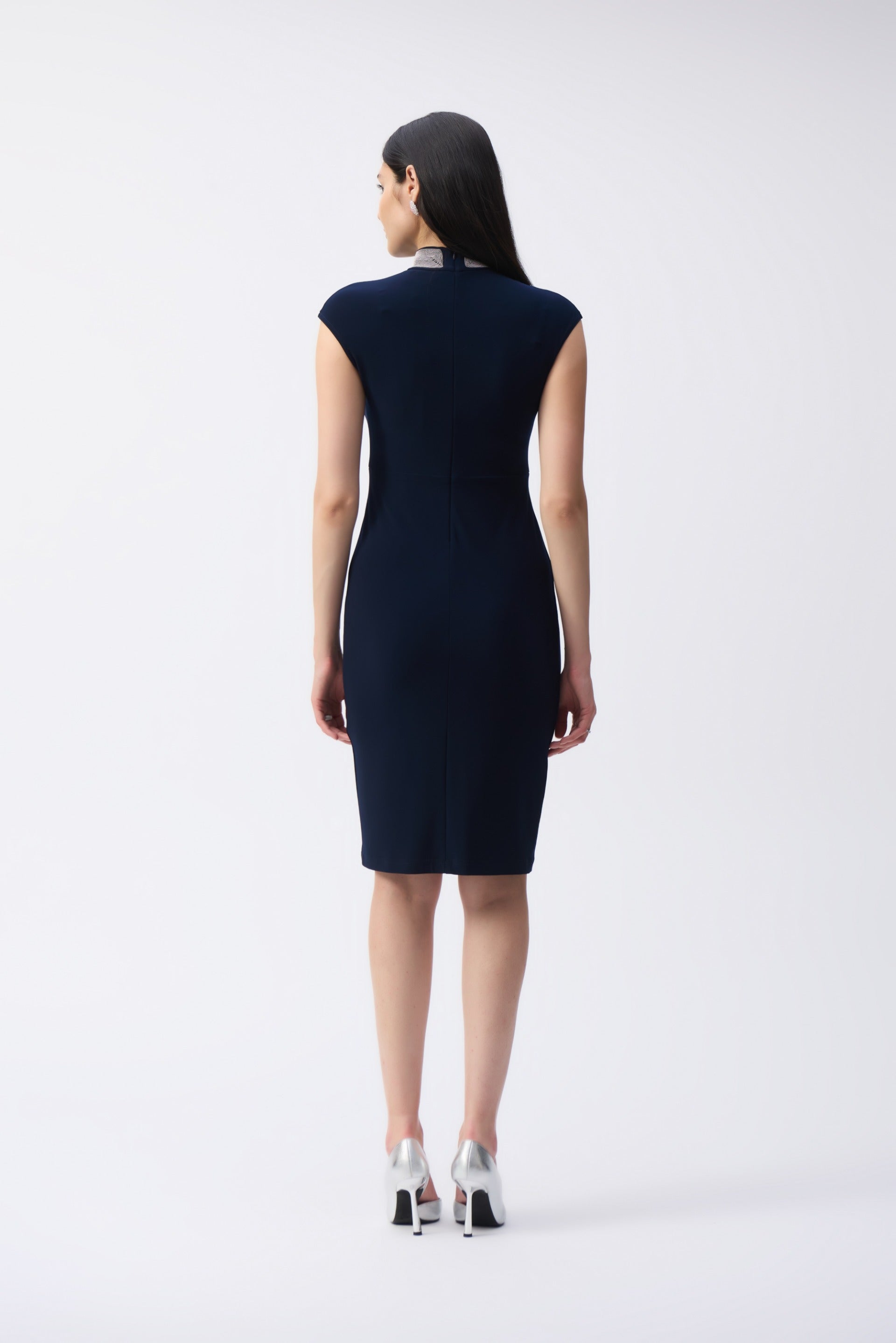 Joseph Ribkoff Midnight Blue Embellished Collar Fitted Dress Style 243 DECABANA Joseph Ribkoff Midnight Blue Embellished Collar Fitted Dress Style 243 DECABANA