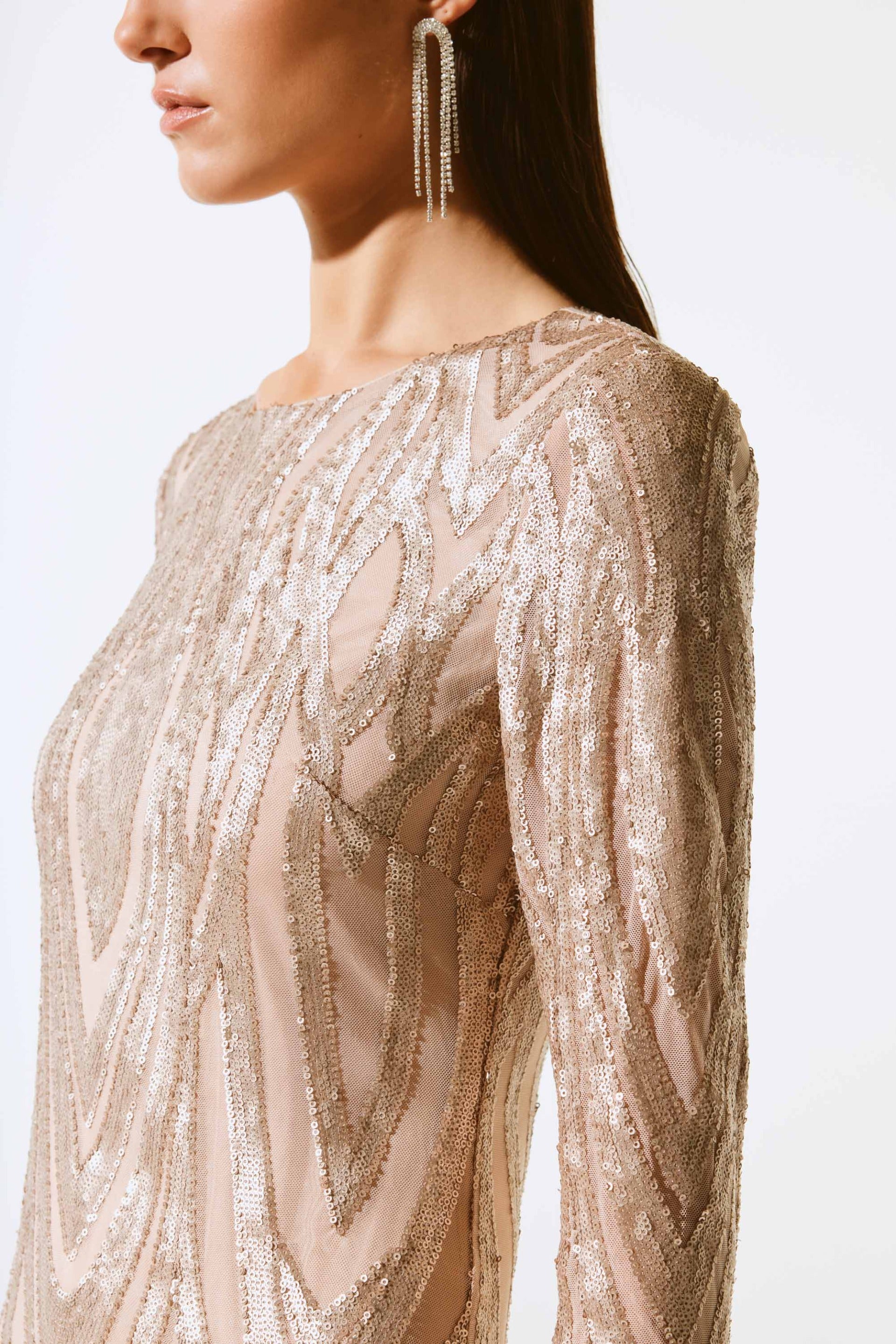 Joseph Ribkoff Matte Gold Placement Sequins Sheath Dress Style 243774 DECABANA Joseph Ribkoff Matte Gold Placement Sequins Sheath Dress Style 243774 DECABANA