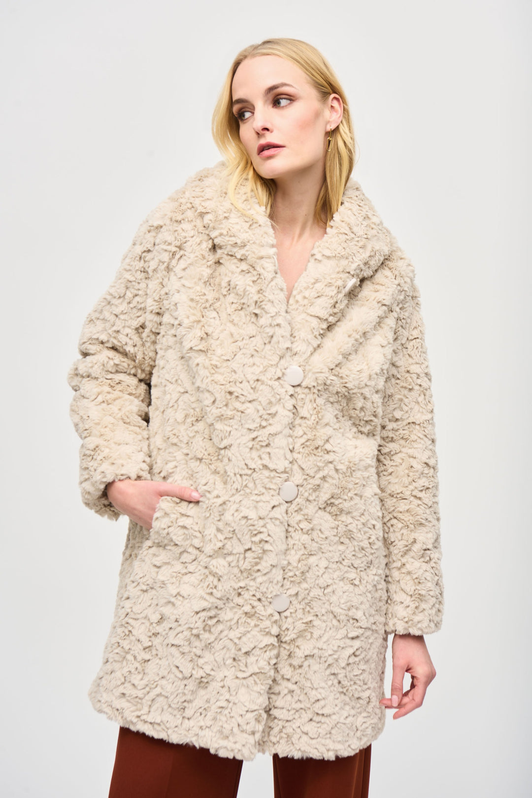 Joseph Ribkoff Reversible Faux Fur Champagne Coat Style 243903