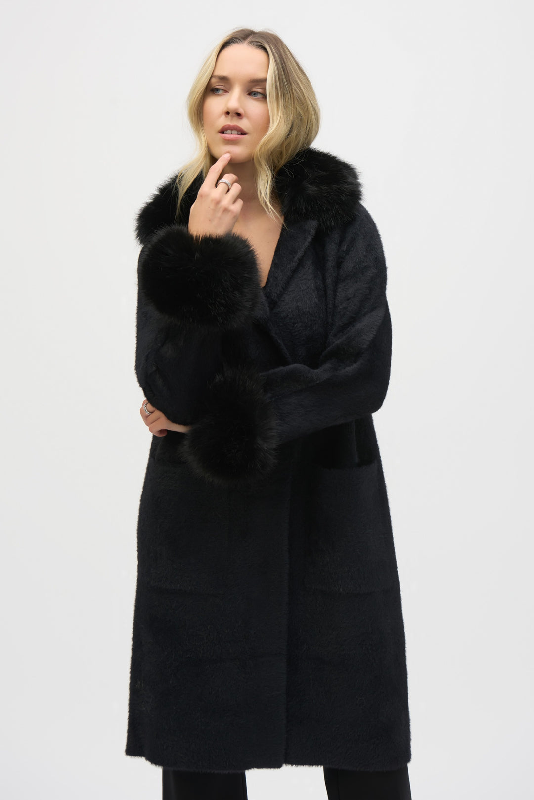 Joseph Ribkoff Black Feather Yarn Faux Fur Coat Style 243923