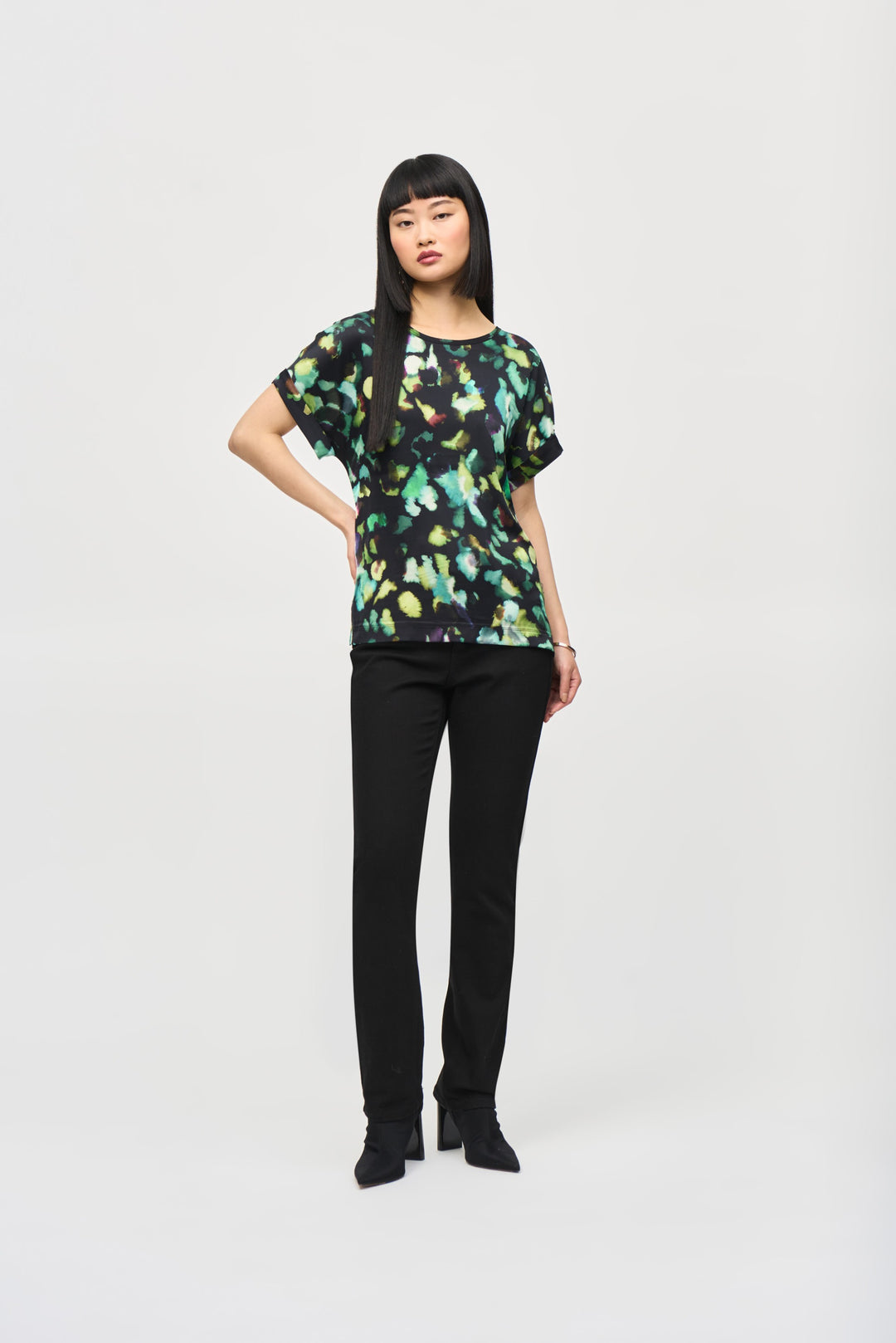 Joseph Ribkoff Black/Multi Abstract Print Short Sleeve Top Style 243938