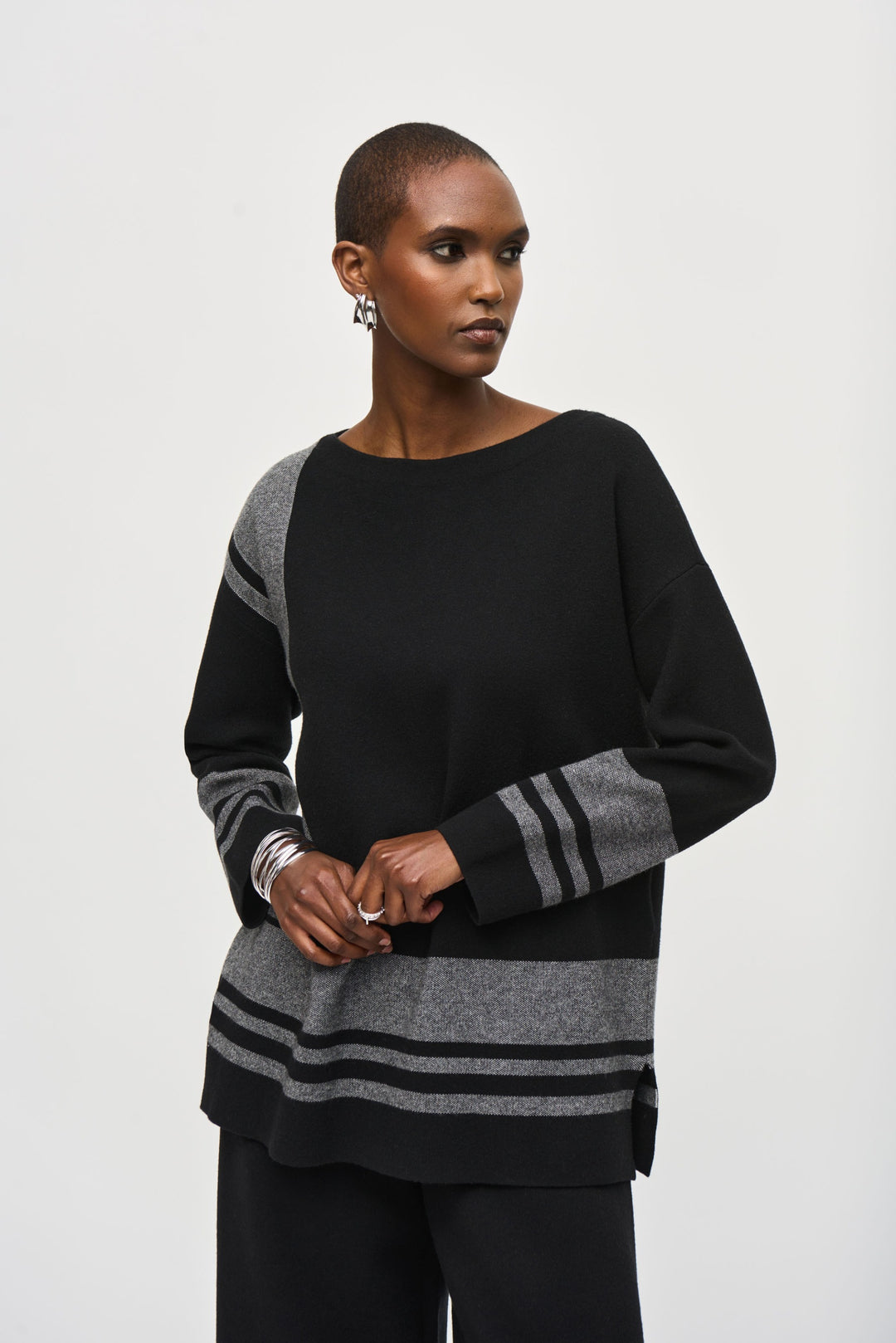 Joseph Ribkoff Black/Vanilla Jacquard Sweater Knit Boxy Top Style 243949