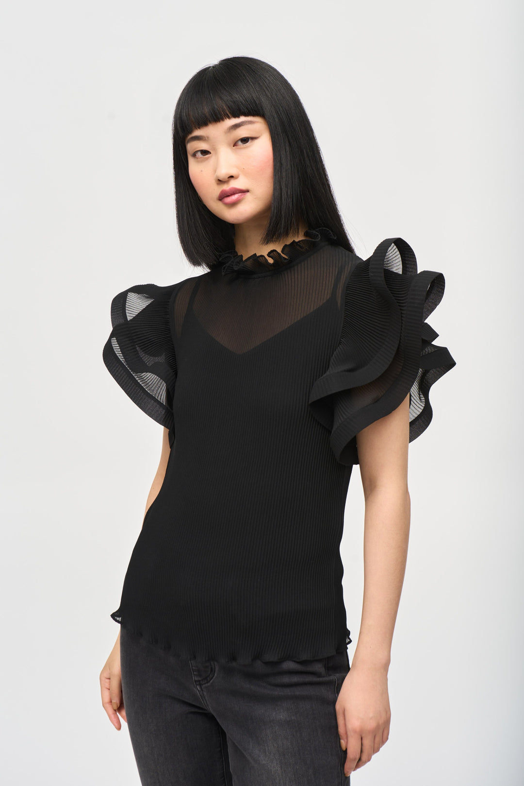 Joseph Ribkoff Black Chiffon Pleated Top With Ruffled Sleeves Style 243957