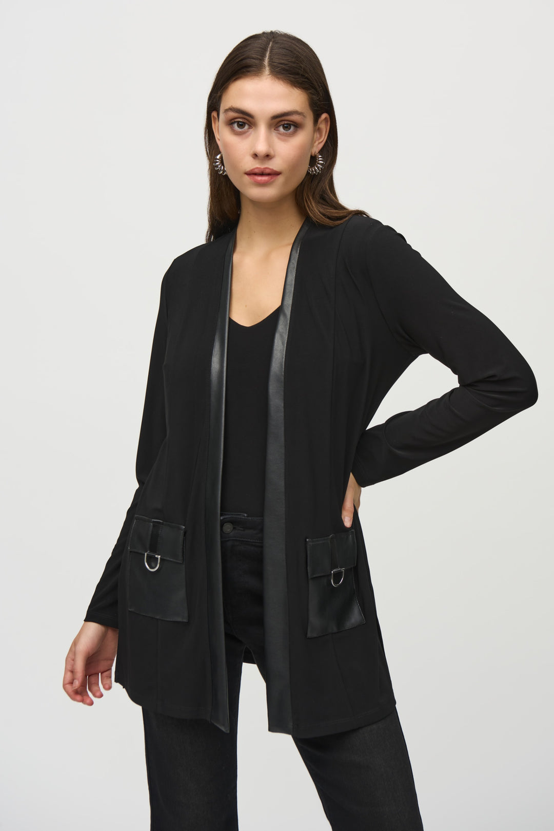 Joseph Ribkoff Black Cover Up With Leatherette Detailing Style 244088