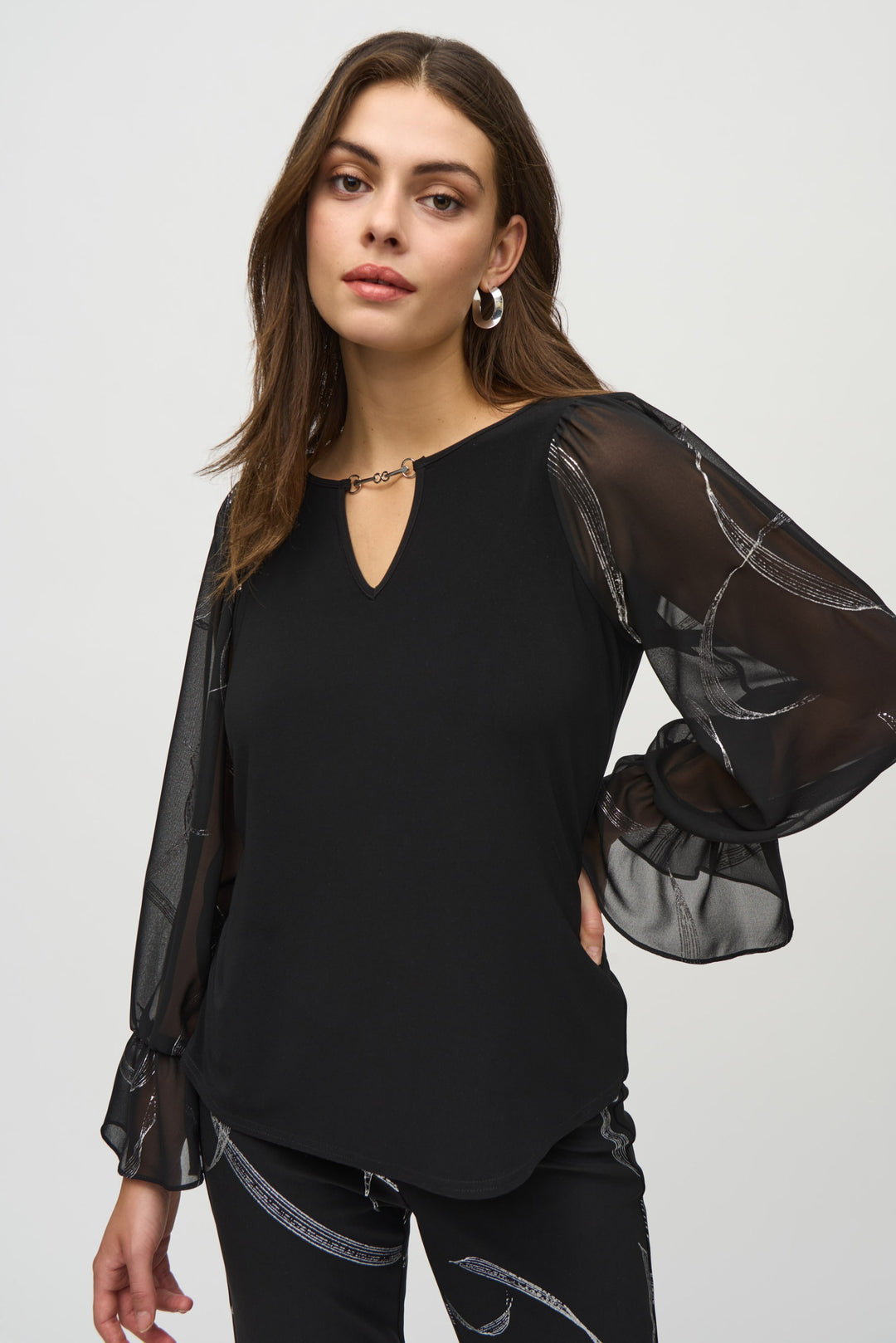 Joseph Ribkoff Black/Silver Top With Foiled Chiffon Sleeves Style 244090