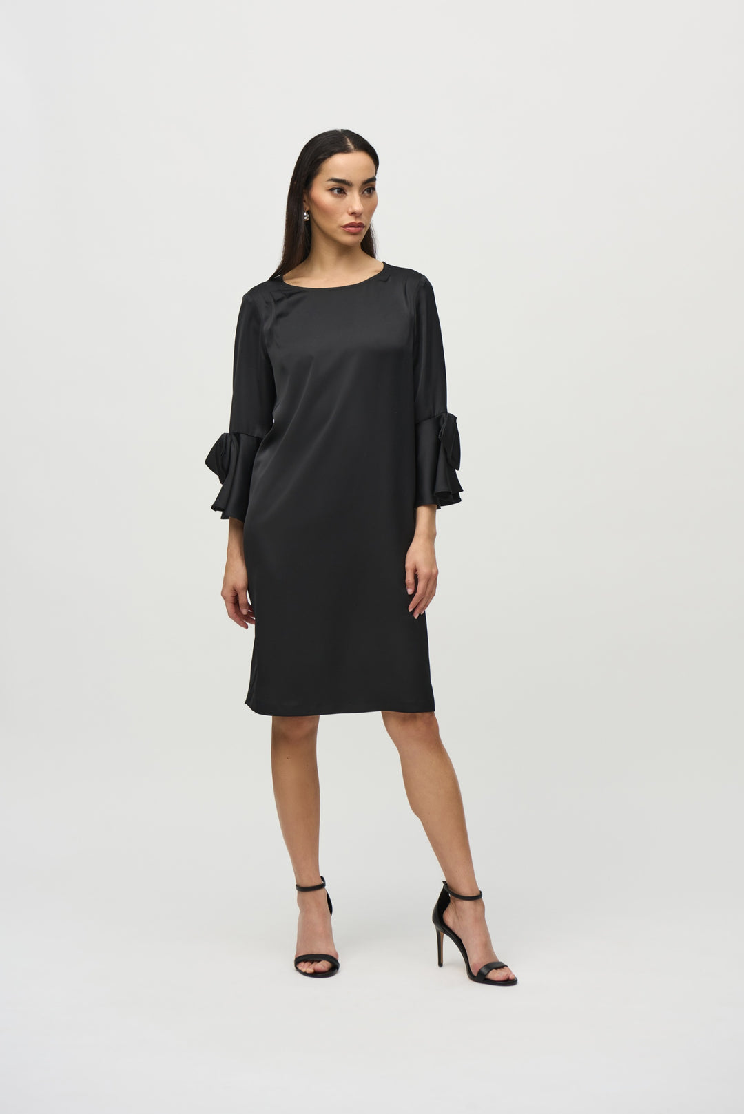 Joseph Ribkoff Black Satin Ruffle Sleeve Straight Dress Style 244235 Joseph Ribkoff Black Satin Ruffle Sleeve Straight Dress Style 244235