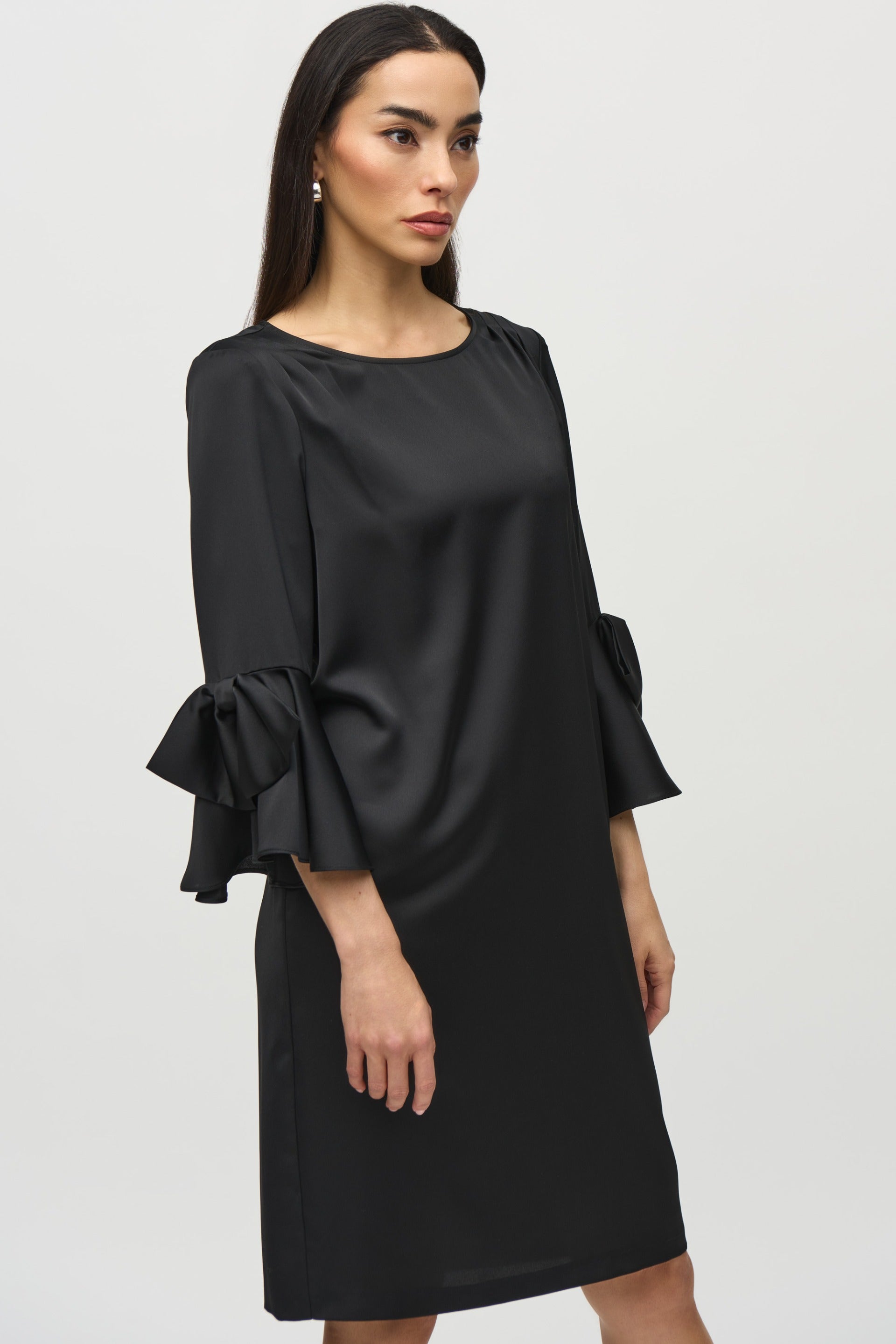 satin ruffle sheath dress Sculpting Satin V-Neck Corset Ruffle Sheath Dress