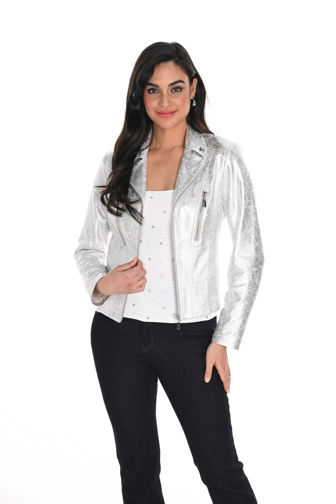 Frank Lyman Silver Full Zipper Moto Jacket Style 244672U