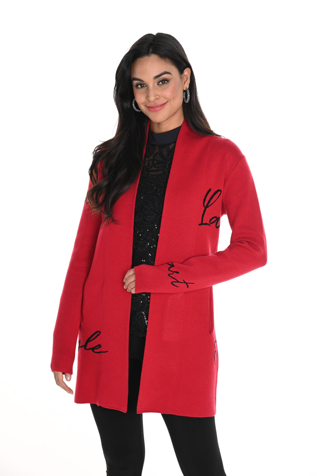 Frank Lyman Red/Black Cardigan With Text Embroidery Style 244697U