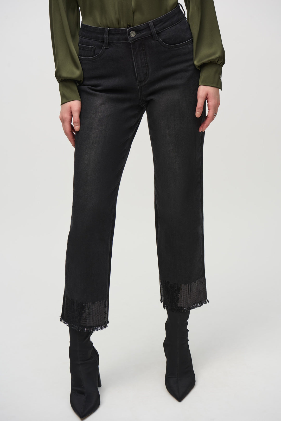 Joseph Ribkoff Black Straight Crop Denim Pants with Sequin Trim Style 244948