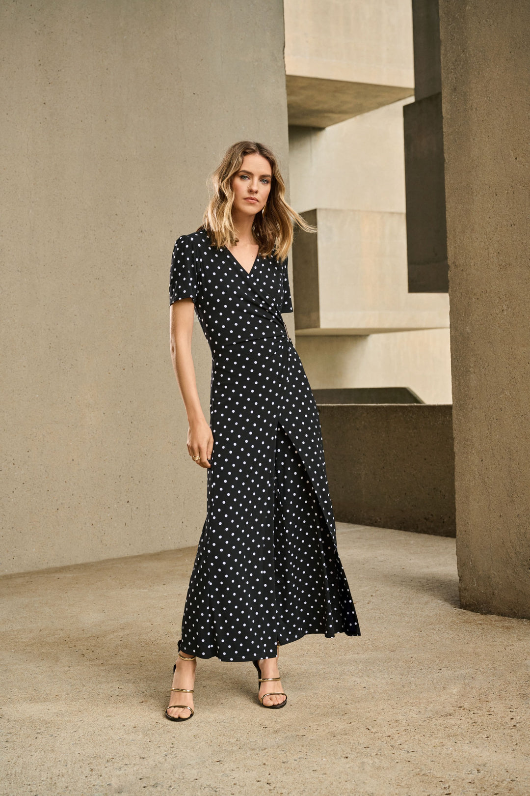 Joseph Ribkoff Black/Vanilla Dot Print Wrap Culotte Jumpsuit Style 251008