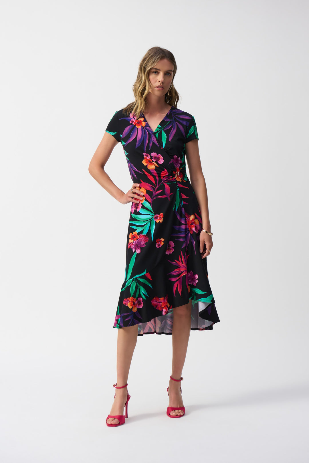 Joseph Ribkoff Black/Multi Silky Knit Tropical Print Wrap Dress Style 251011.