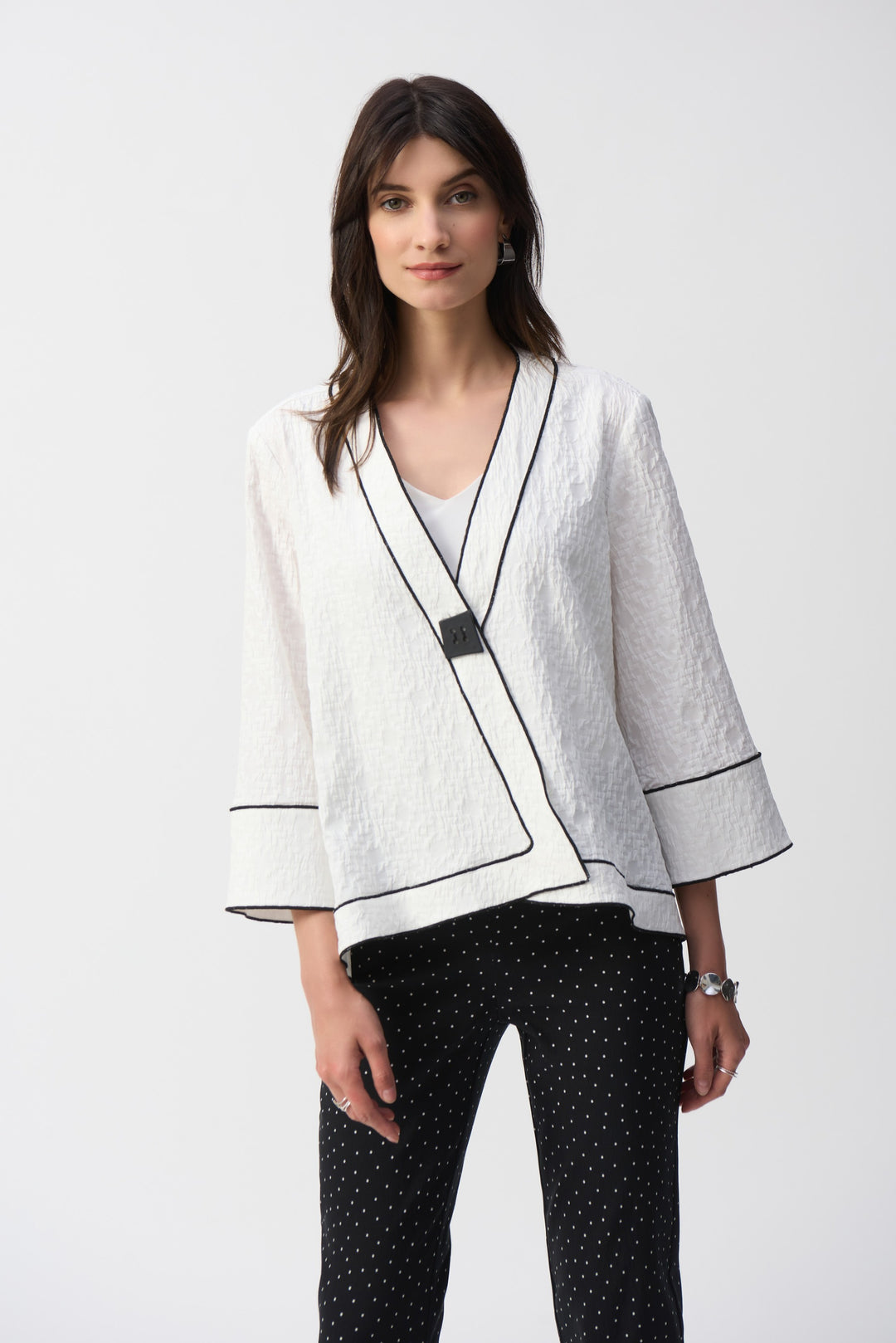 Joseph Ribkoff White/Black Jacquard Woven Swing Jacket Style 251090.