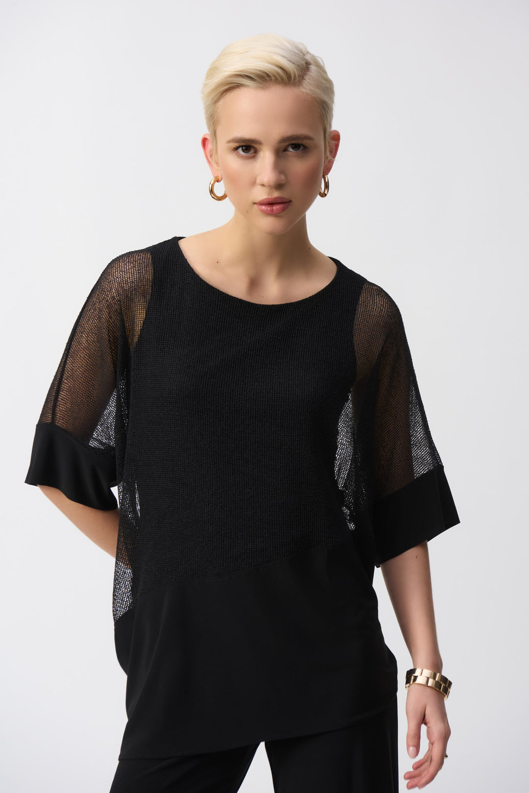 Joseph Ribkoff Black Mesh And Silky Knit Cocoon Top Style 251092